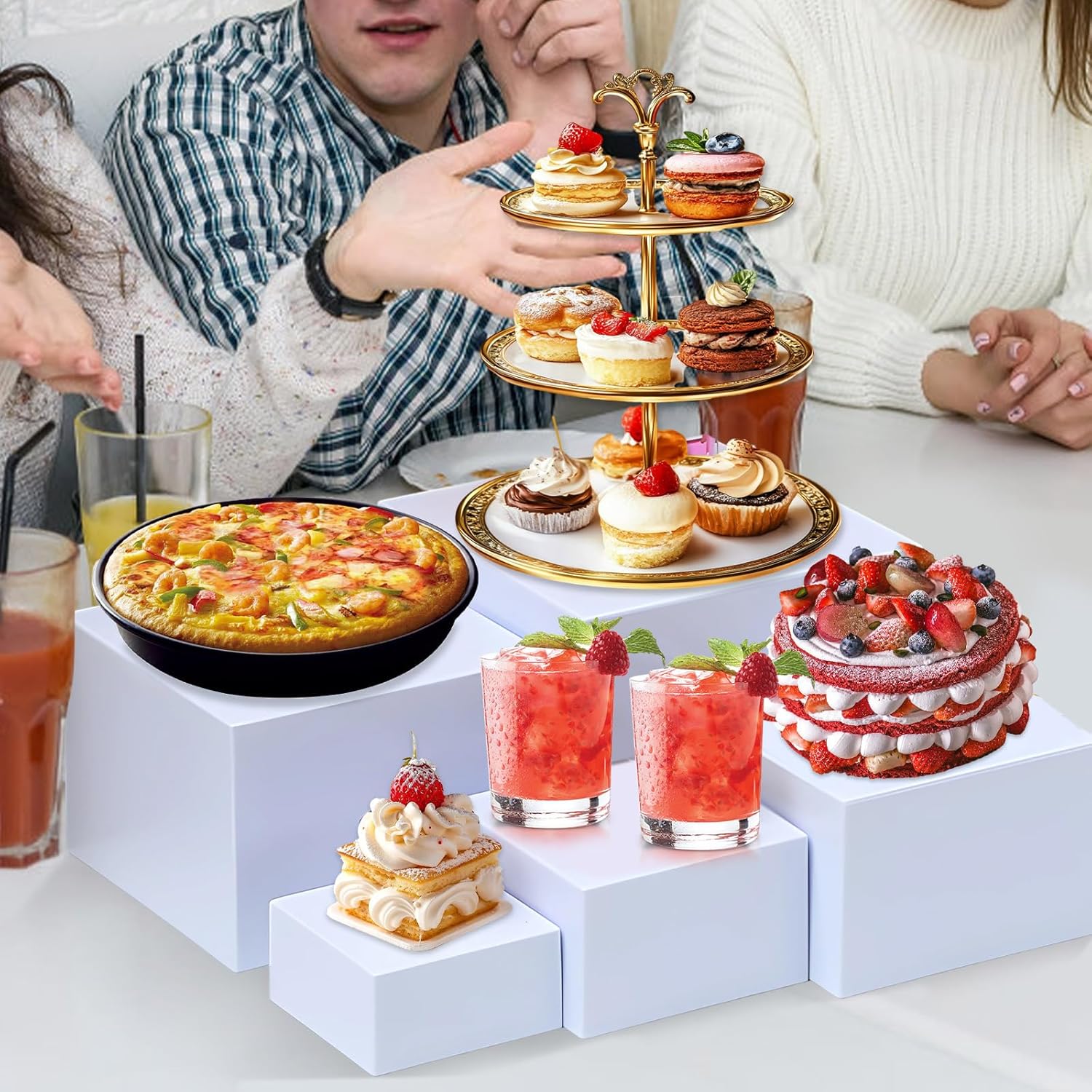 Huakaile 6 Packs 3''/4''/5''/6''/7''/8'' White Buffet Risers Stand, Stackable Risers for Buffet Table Dessert Cake Collectibles, Hollow Nesting Cube Boxes for Food Display Wedding Party Catering (6)