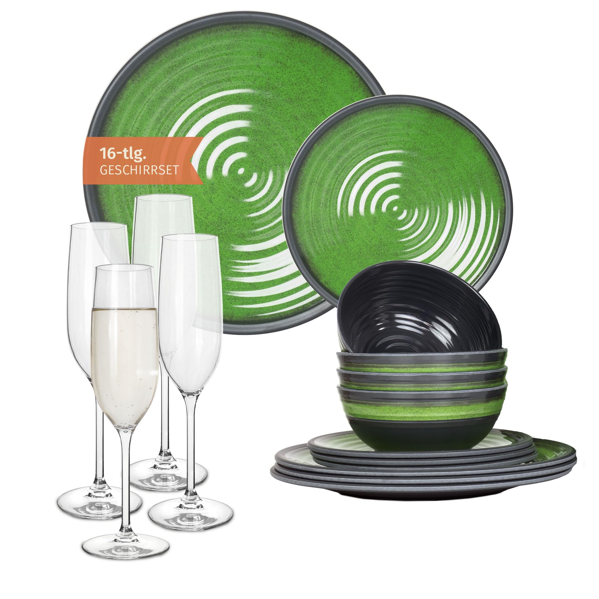 Vajilla de melamina para camping, 4 personas, color verde piedra + 4 vasos de champán Tiamo Flûtes Vajilla Picnic BBQ Utensilios de cocina