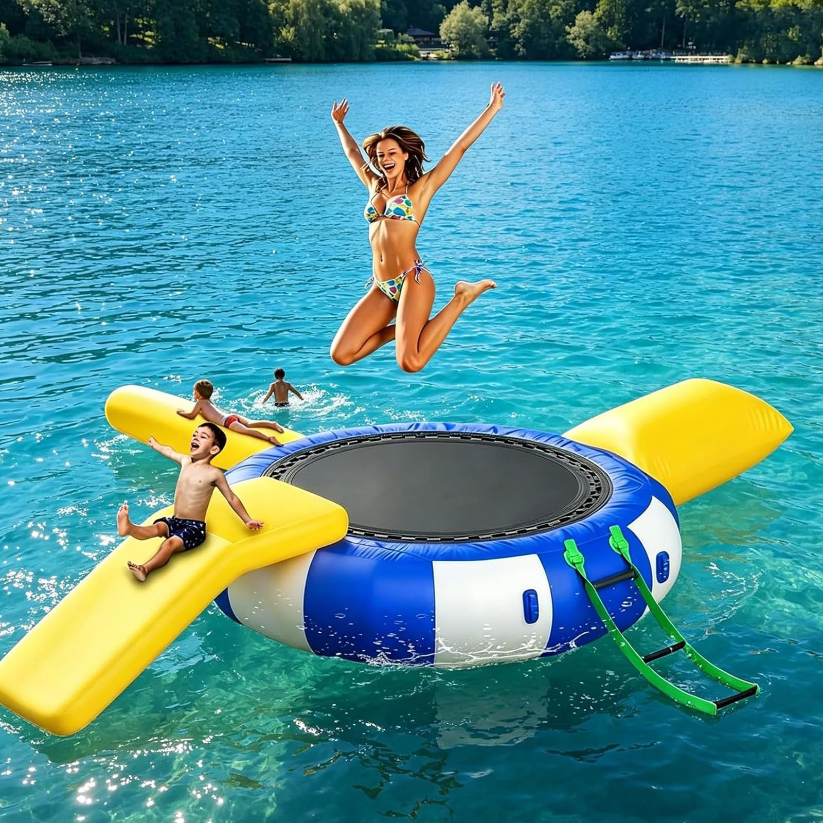 NSACMD ,10ft/3m,Lake Trampoline – Heavy-Duty Floating Bouncer with Detachable Slide And Ladder – Quick To Inflate – Ideal for Family And Adult Summer Outdoor Water Sports