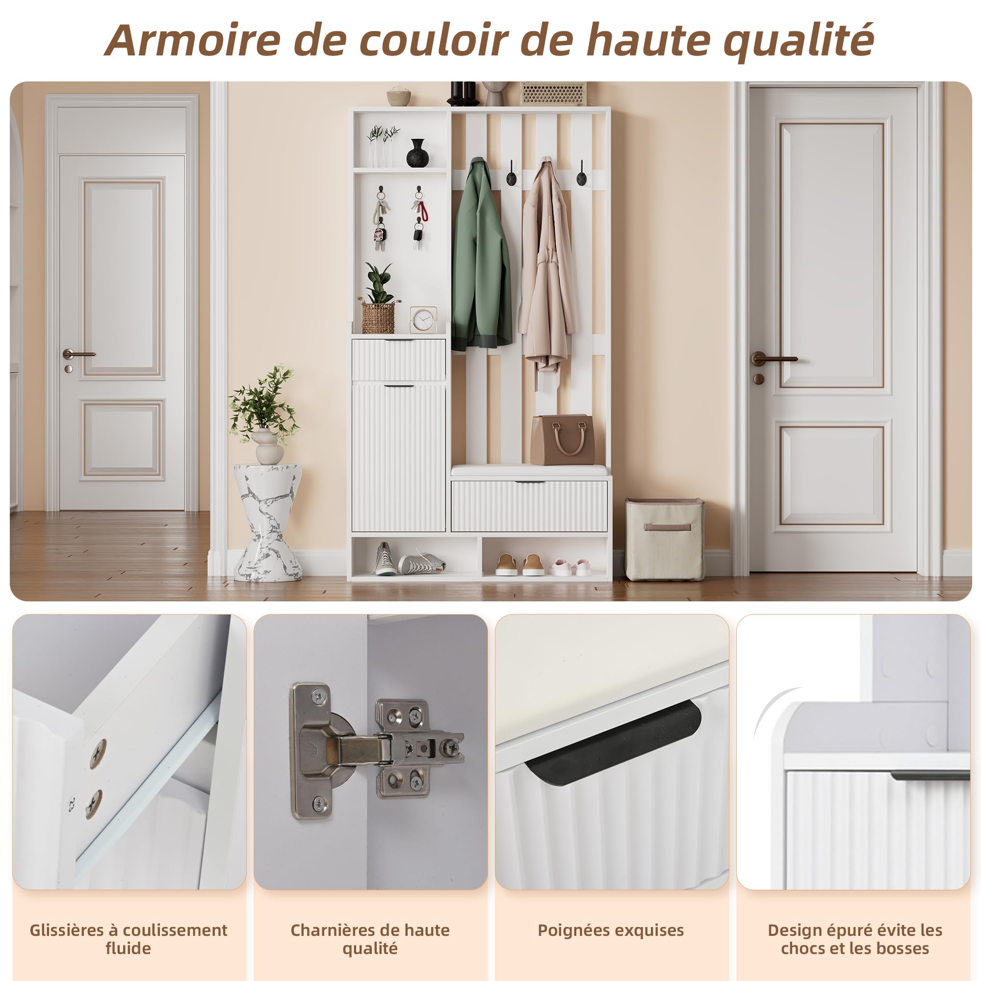 Portemanteau avec Système Anti-basculement, Porte-vêtements avec Banc à Chaussures avec Coussin, Meuble d'entrée avec Crochets, Étagère à Manteaux/Chapeaux/Sacs (Blanc)