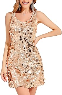 Women's Sequin Dress Sparkly Glitter V Neck Sleeveless Shift Dress Cockt...