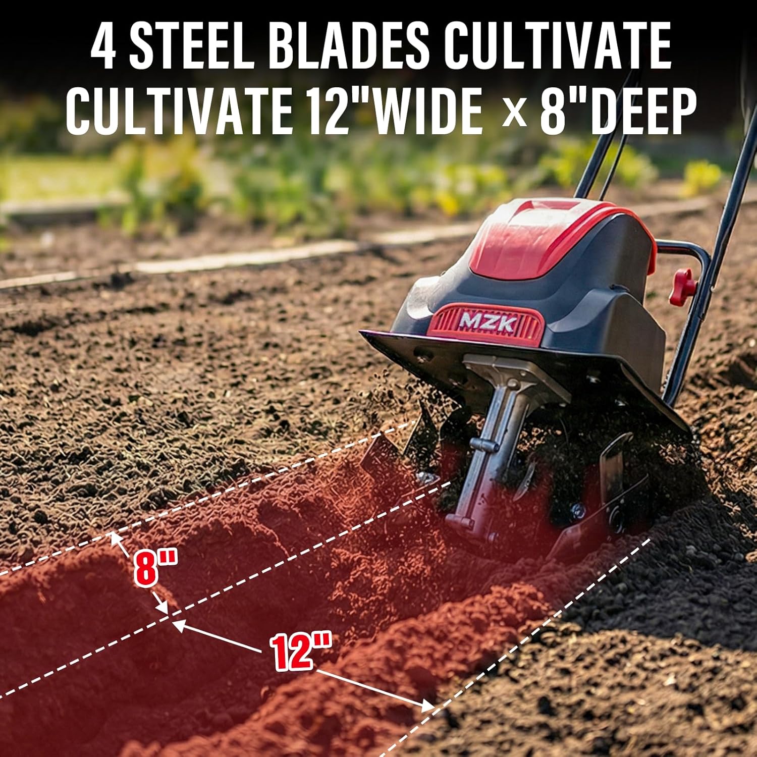 MZK 12-Inch 10.5 Amp Corded Electric Tiller/Cultivator for Gardening, 8-inch tillling Depth, Powerful and Lightweight Tiller, Electric Garden Rototiller for Lawn/Yard/Garden Soil Digging,TC12A03