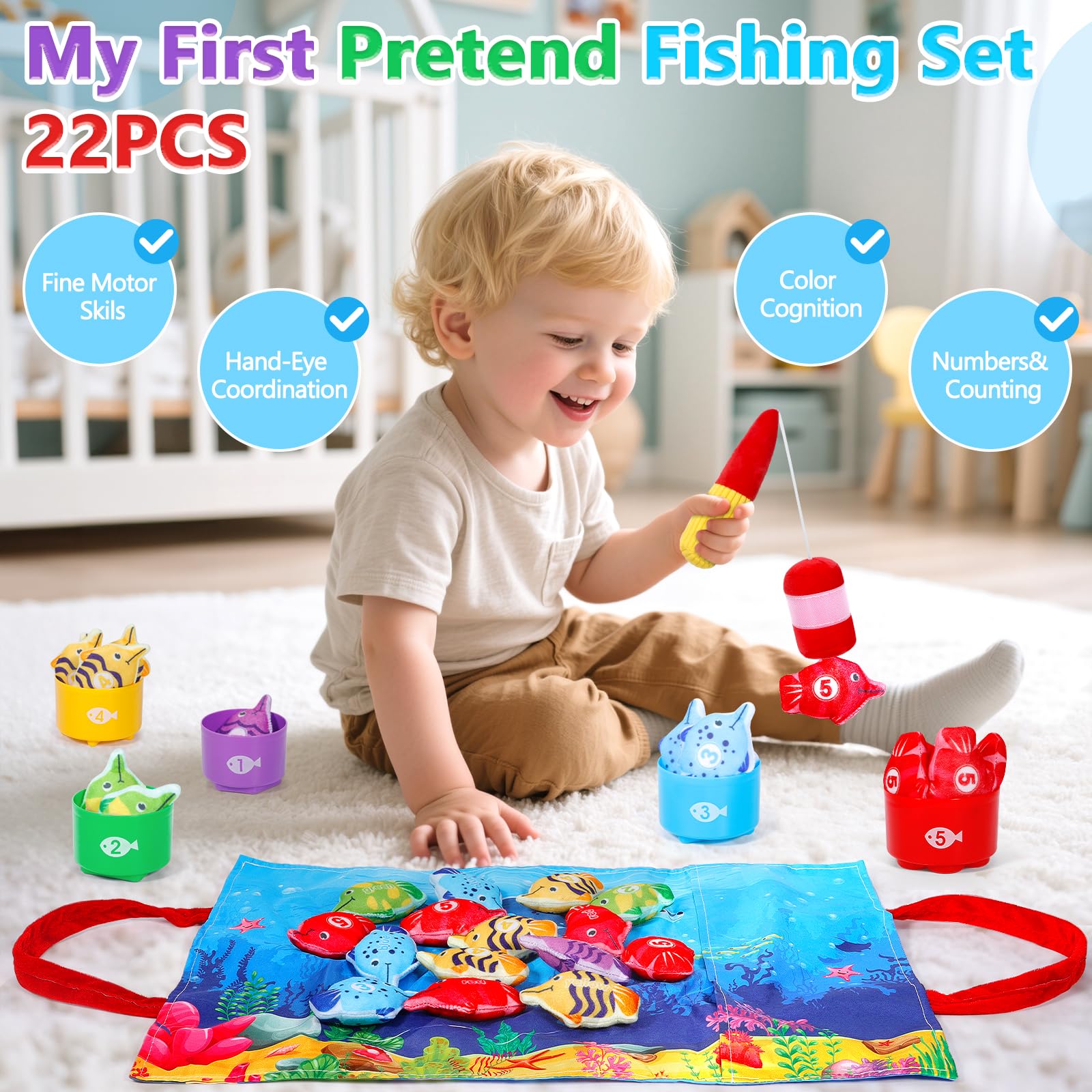 Giochi Bambini 1 Anno, 22 Pezzi Pesca Morbidi, Giochi Montessori 1 Anno Regalo Bambino, con 15 Pesci, Interattivi Educativo Gioco Bambino 1 2 3 Regali per Compleanno Natale