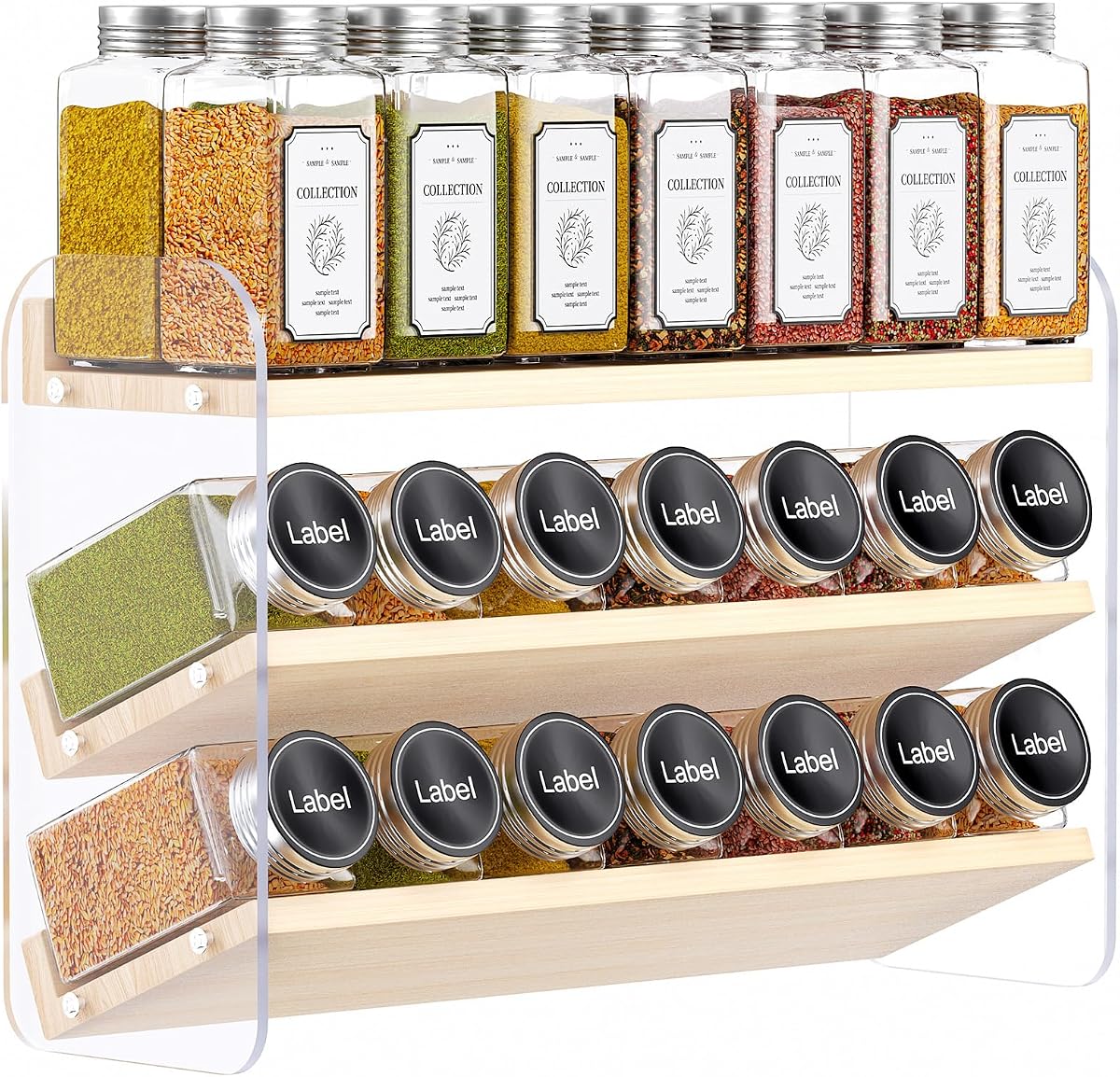 3 Tiered Spice Rack Organizer for Cabinet, (No Jars Included) | Clear Vertical Spice Shelf, Wooden Seasoning Organizer for Countertop, Kitchen, Pantry, Freestanding, 13.3" W × 11.2" H