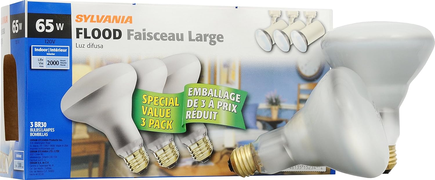 Sylvania Fluorescent BR30 Flood Light Bulb, 65W, Dimmable, Medium Base, 600 Lumens, 2850K, Soft White – 3 Pack (15234)