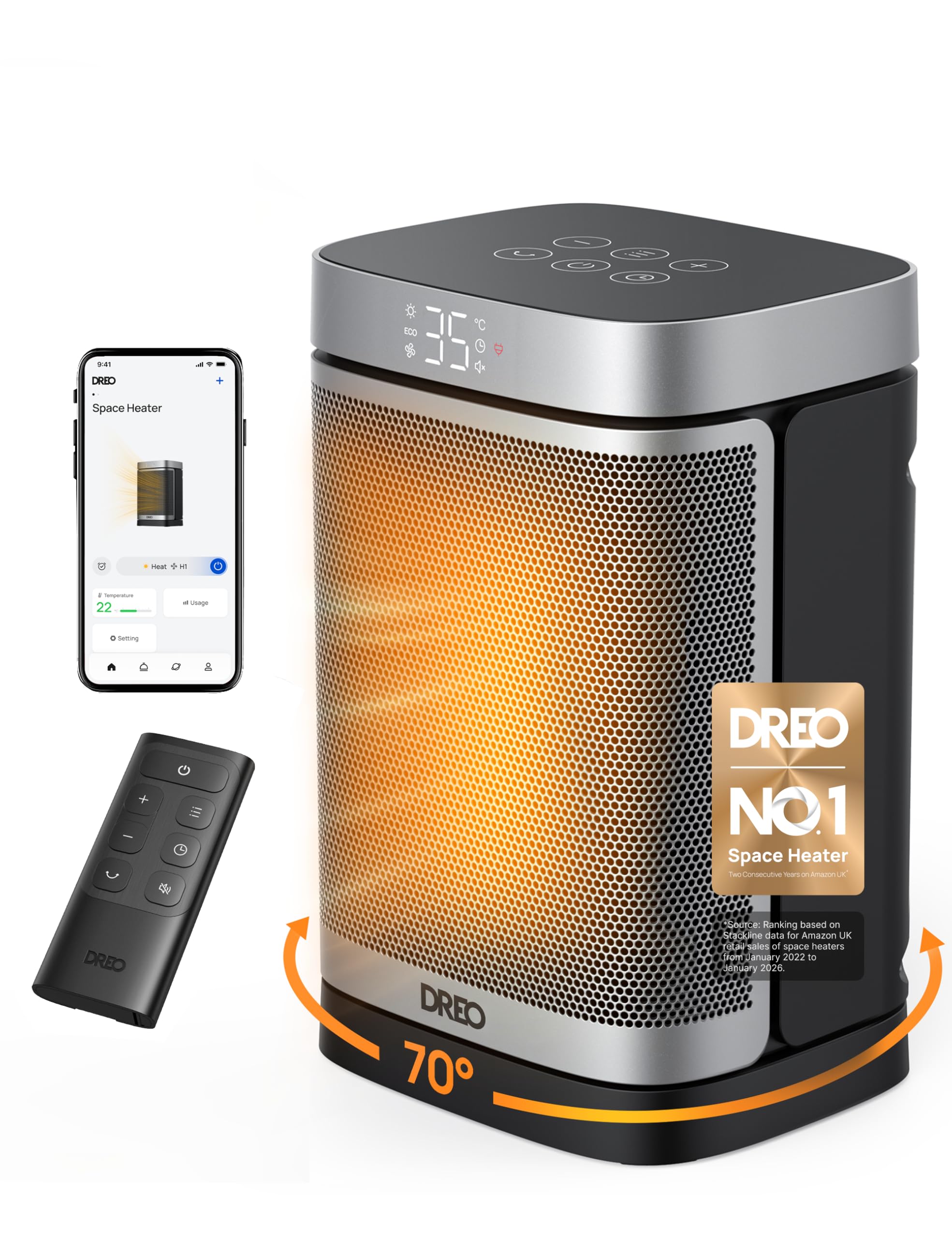 Dreo 1500W Smart Space Heaters for Indoor Use, Portable Heater with 70°Oscillation, WiFi Alexa & Google Assistant Electric Heater, with Thermostat & Remote, Safety Small Heater for Office Home