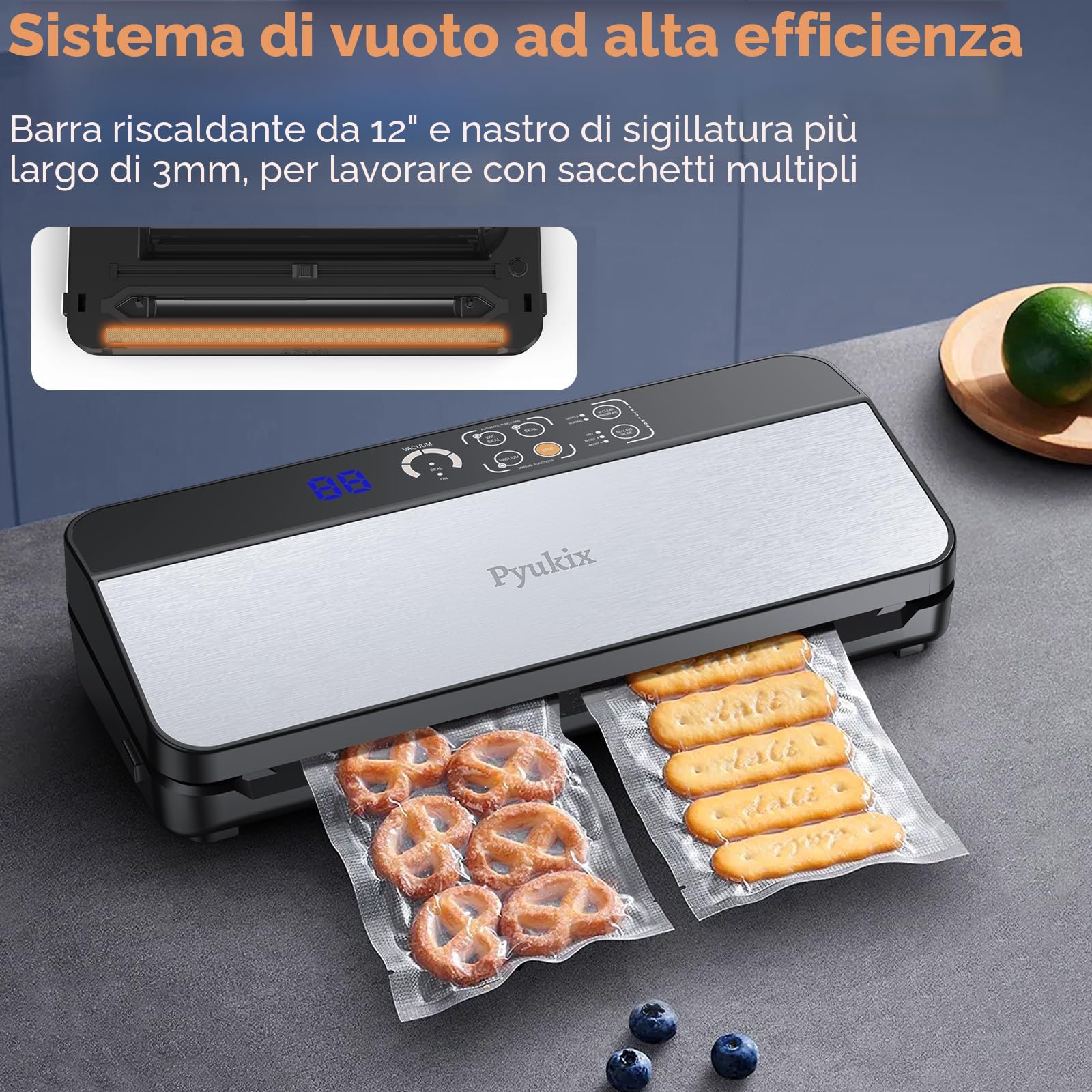 Macchina Sottovuoto Alimenti 8-IN-1, Professionale 80KPA Vuoto Veloce, Stoccaggio Rotoli con Taglierina, Tubo a Vuoto, Conto alla Rovescia Digitale, 2 Sacchetti in Rotolo e 11 Sacchetti Sottovuoto