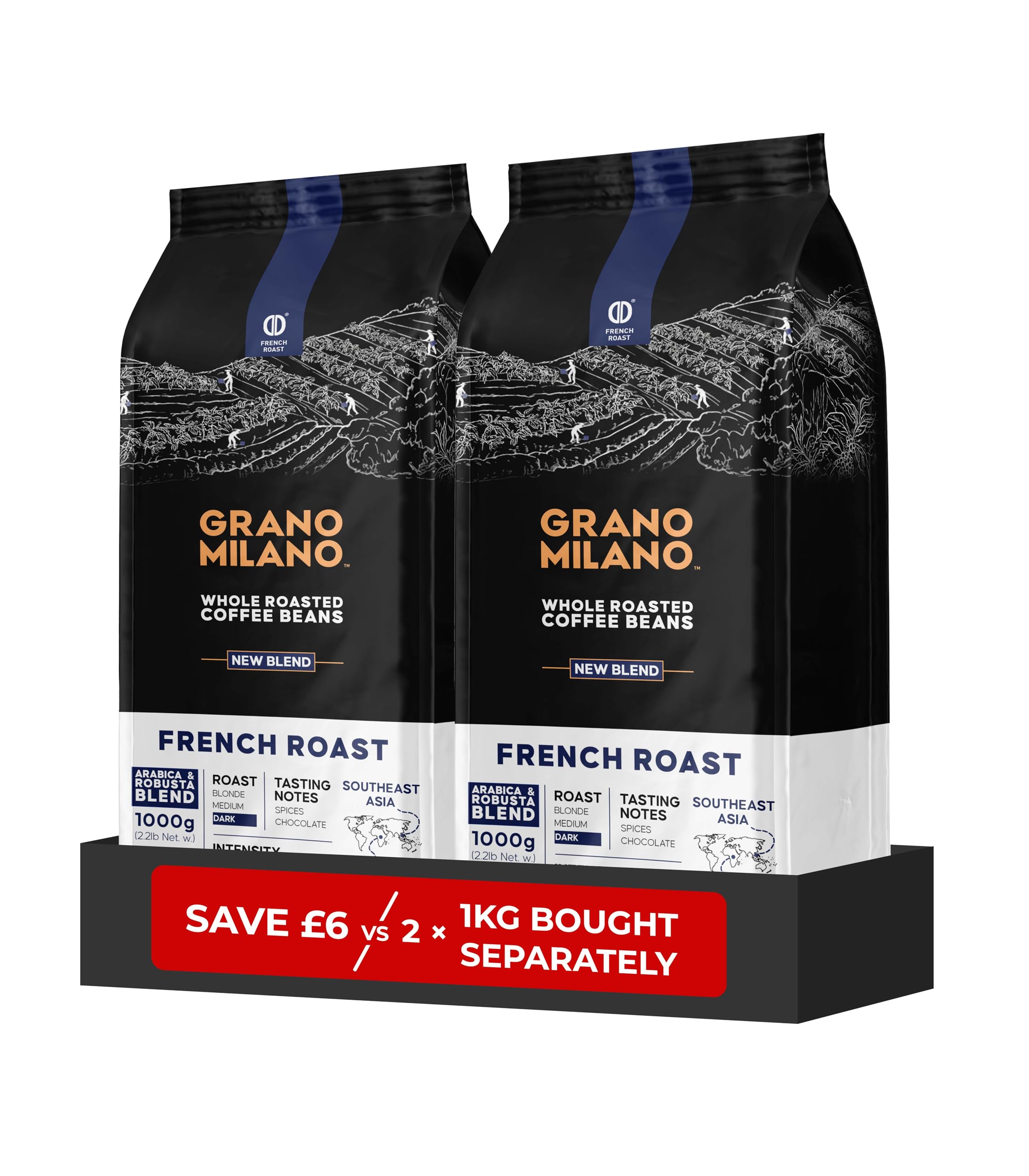 – French Roast Robusta & Arabica Coffee Beans 2kg – Extra Strong Dark Roast Espresso, Intensity 5/5, Southeast Asia & Central Africa Origins, Roasted in Italy (Packaging May Vary)