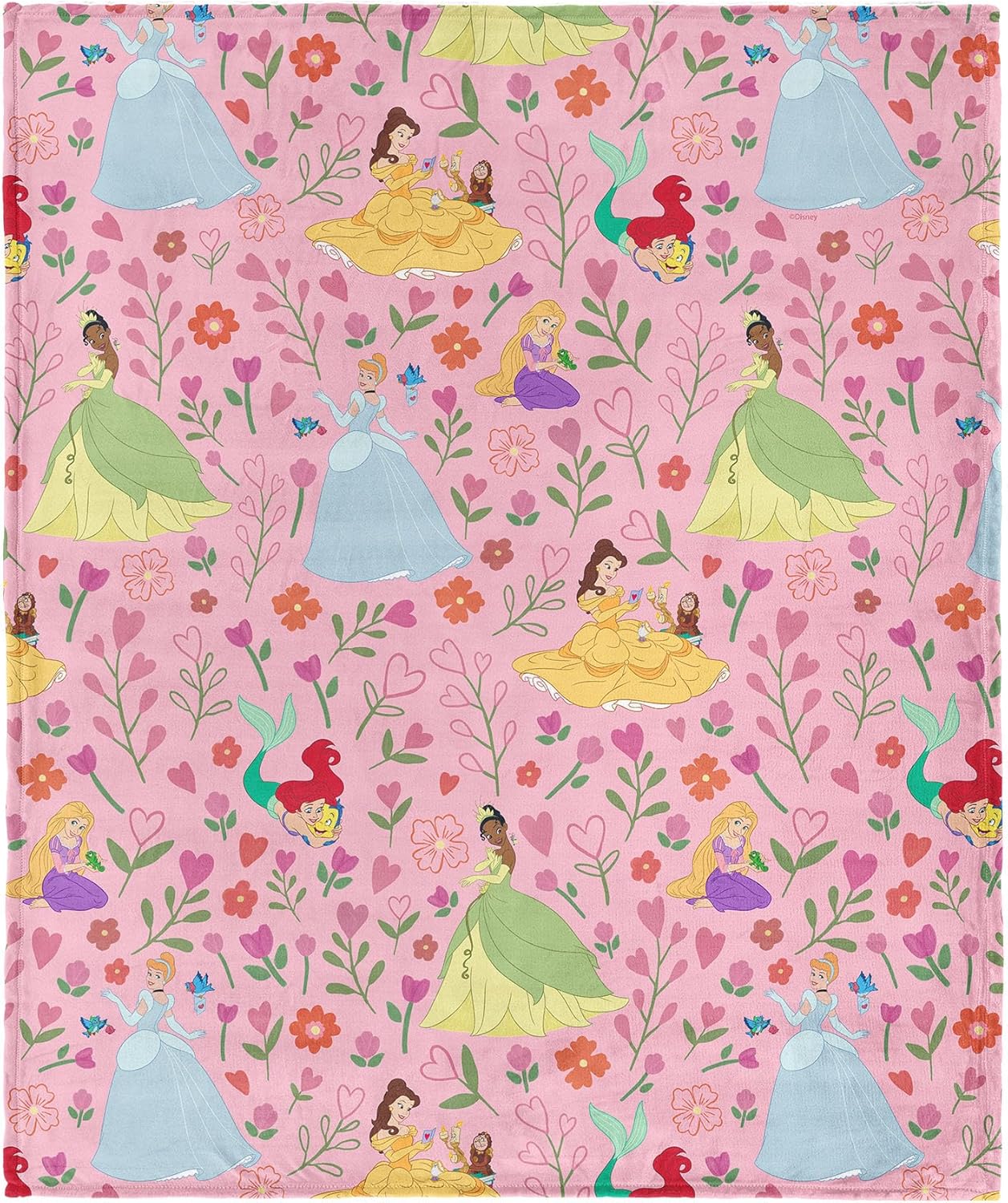 Disney Floral Repeat Throw Blanket, Silk Touch Fleece, Featuring Cinderella, Belle, Ariel & Tiana, Soft Cozy Plush Blanket, 50 x 60 Inch