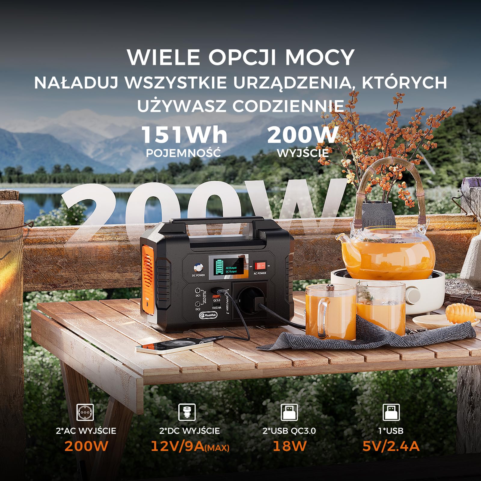 FlashFish 151Wh przenośna stacja zasilania z panelami 60W, generatorem słonecznym 200W, akumulatorem awaryjnego generatora zasilania z wyświetlaczem LCD,do telefonów komórkowych, laptopów, dronów