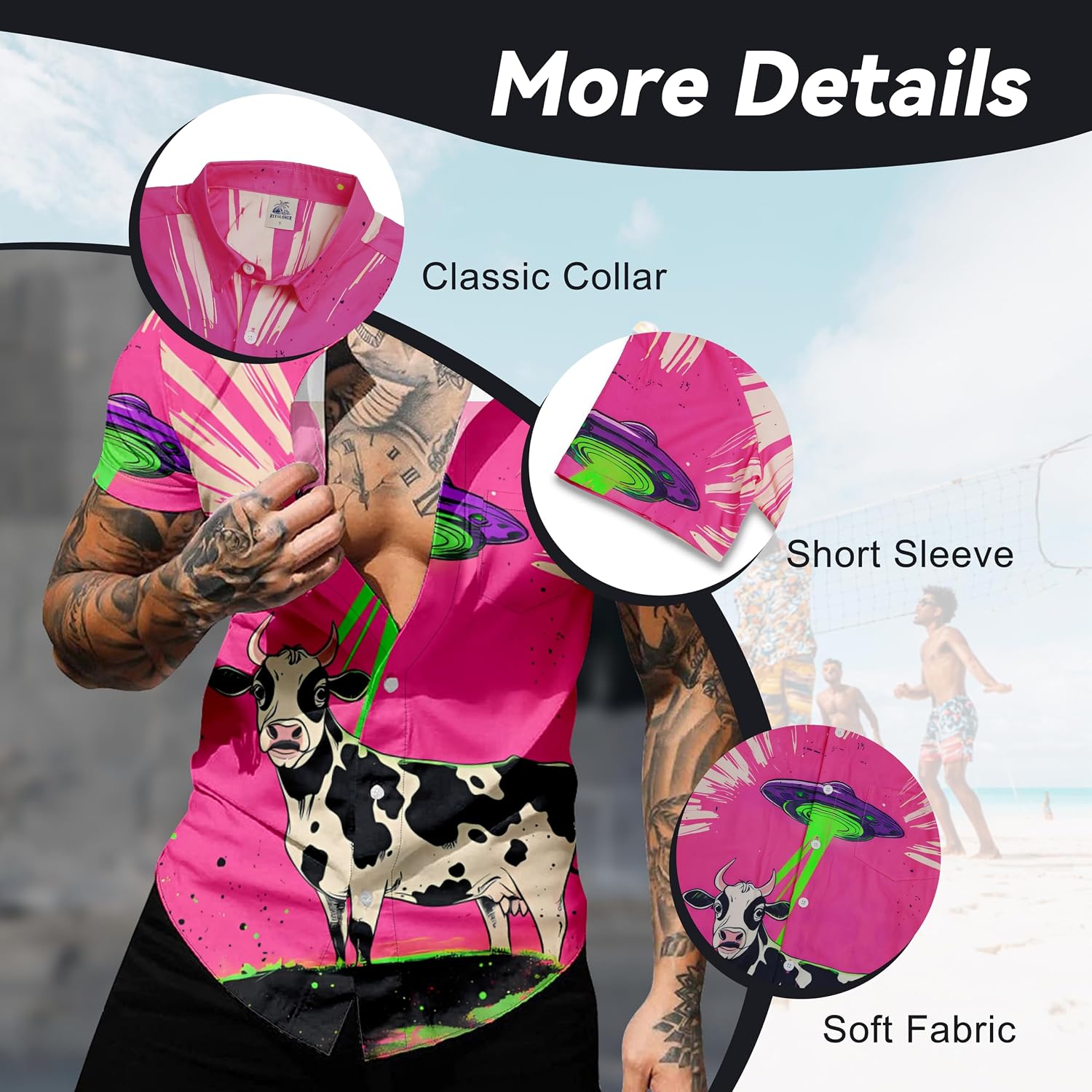Men's Hawaiian Oversize Shirt -Spaceship Alien Cow Print Short Sleeve Shirt | Casual Vacation Resort Wear | S-4XL Plus Sizes