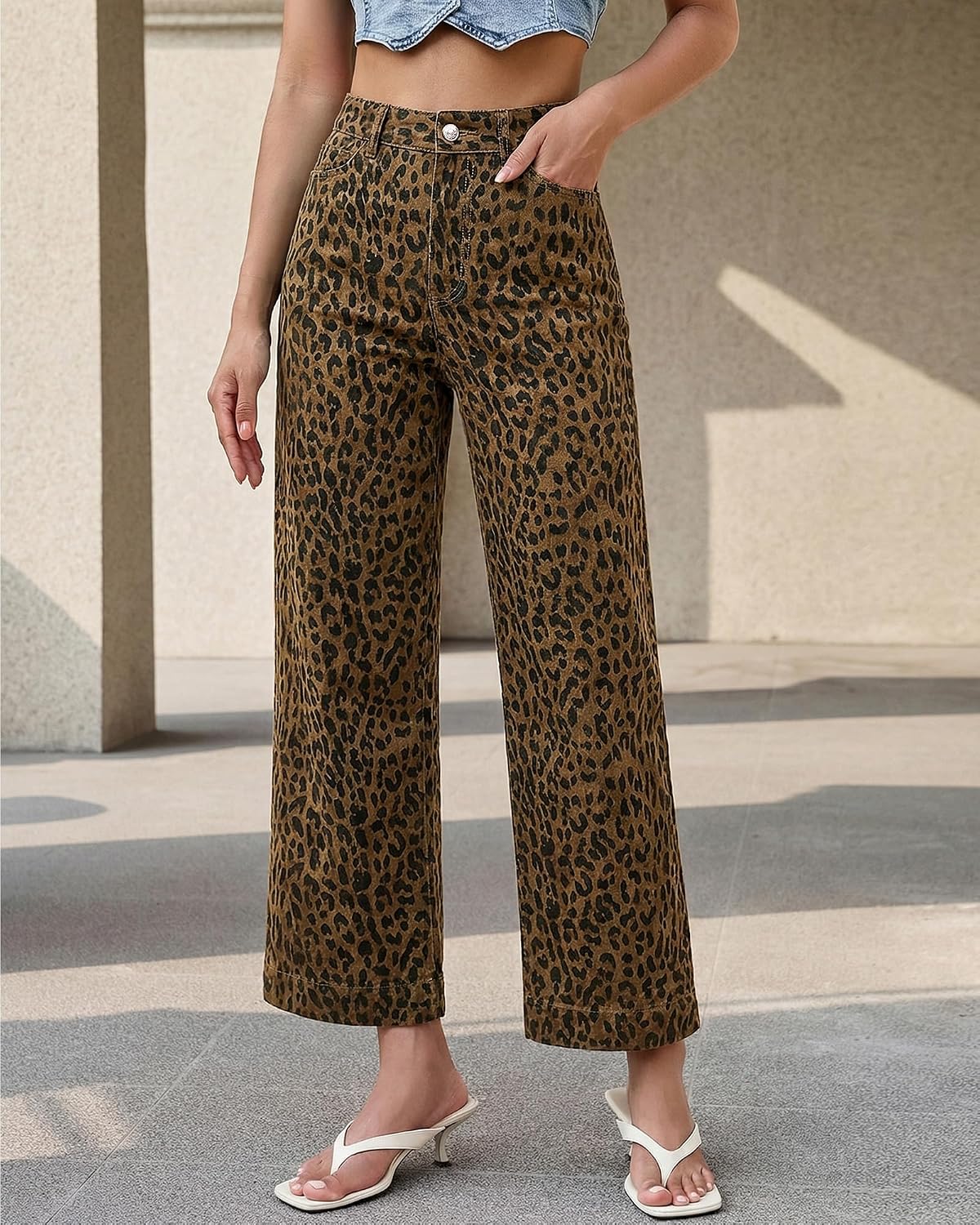 luvamia Wide Leg Jeans Woman Trendy High Waisted Leopard Cheetah Print Ankle Length Stretchy Denim Pants with Pockets