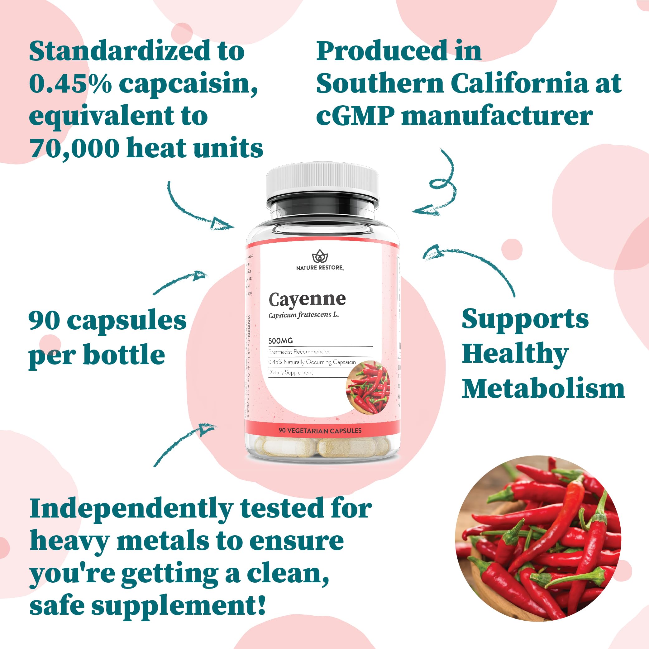Nature Restore Premium Cayenne Pepper Extract Supplement. Standardized to 0.45% Capsaicin - 70,000 Scoville Heat Units for Natural Metabolism Support, Thermogenic Heat & Circulation, 90 Vegan Capsules — Amazon image 3