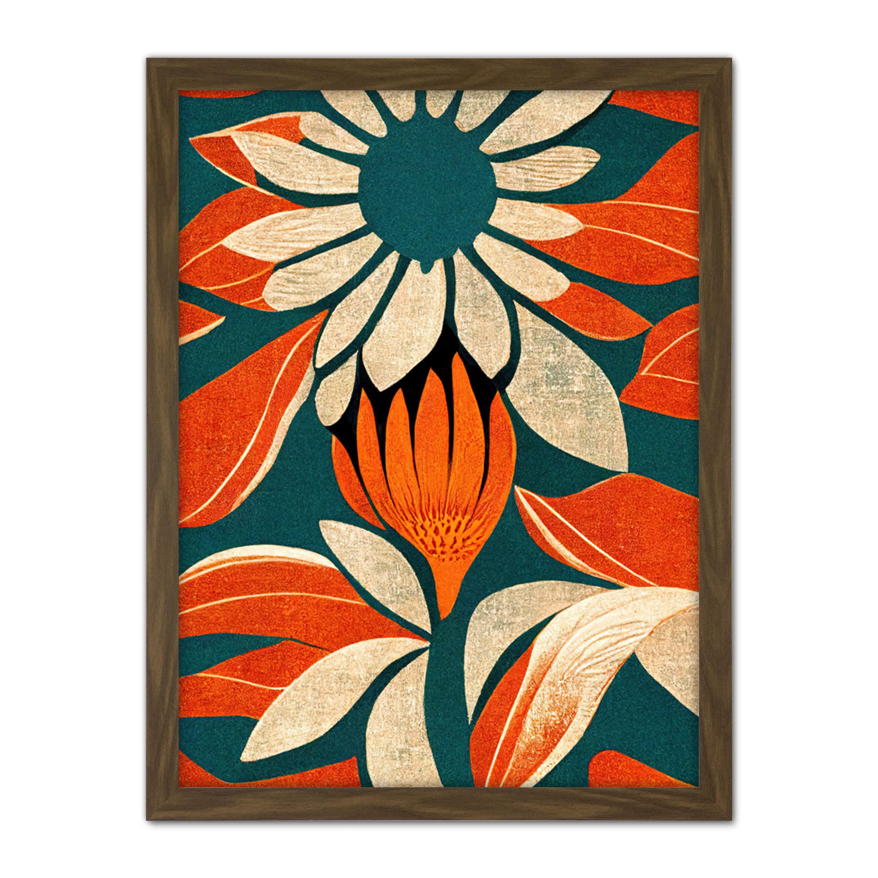 Doppelganger33 LTD Flower Design Teal Orange Abstract Linocut Artwork Framed Wall Art Print 18X24 Inch