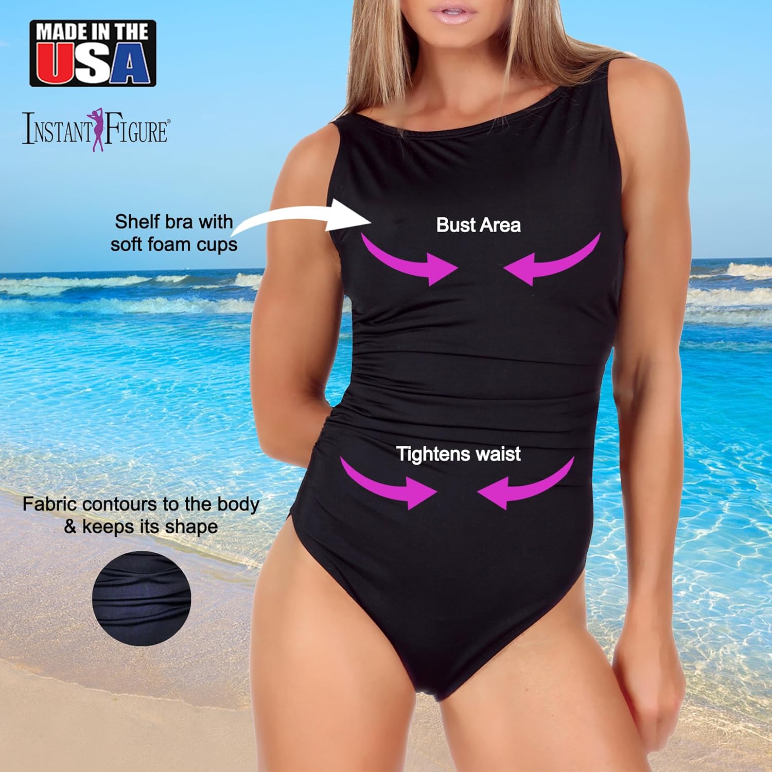 InstantFigure - Made in USA - Women's Compression Shapewear | Tummy Control High Neck One Piece Full Coverage Swimsuit 13591P (Black, 16) - Image 3