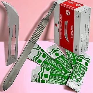 Box of 100 Carbon Steel Scalpel Blade 10, 11, 12, 12B, 15, 15C, 16 Individually Foil Wrapped Sterile Plus Scalpel Handle #3 Artlab (#12B)