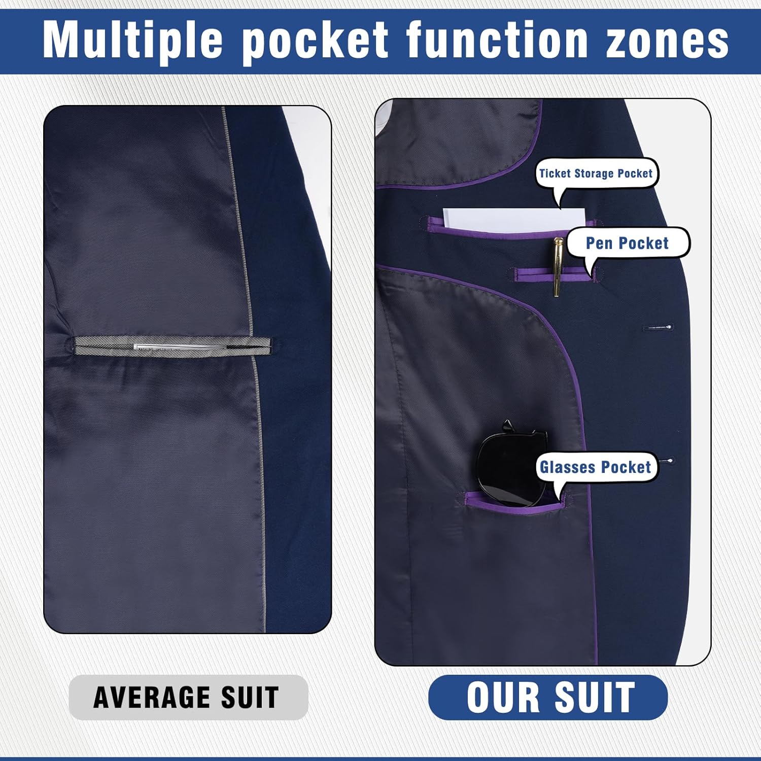 Men's Slim Fit 3 Piece Suit Set, Two Button Solid Blazer Jacket with Multi-Functional Pockets for Business/Party