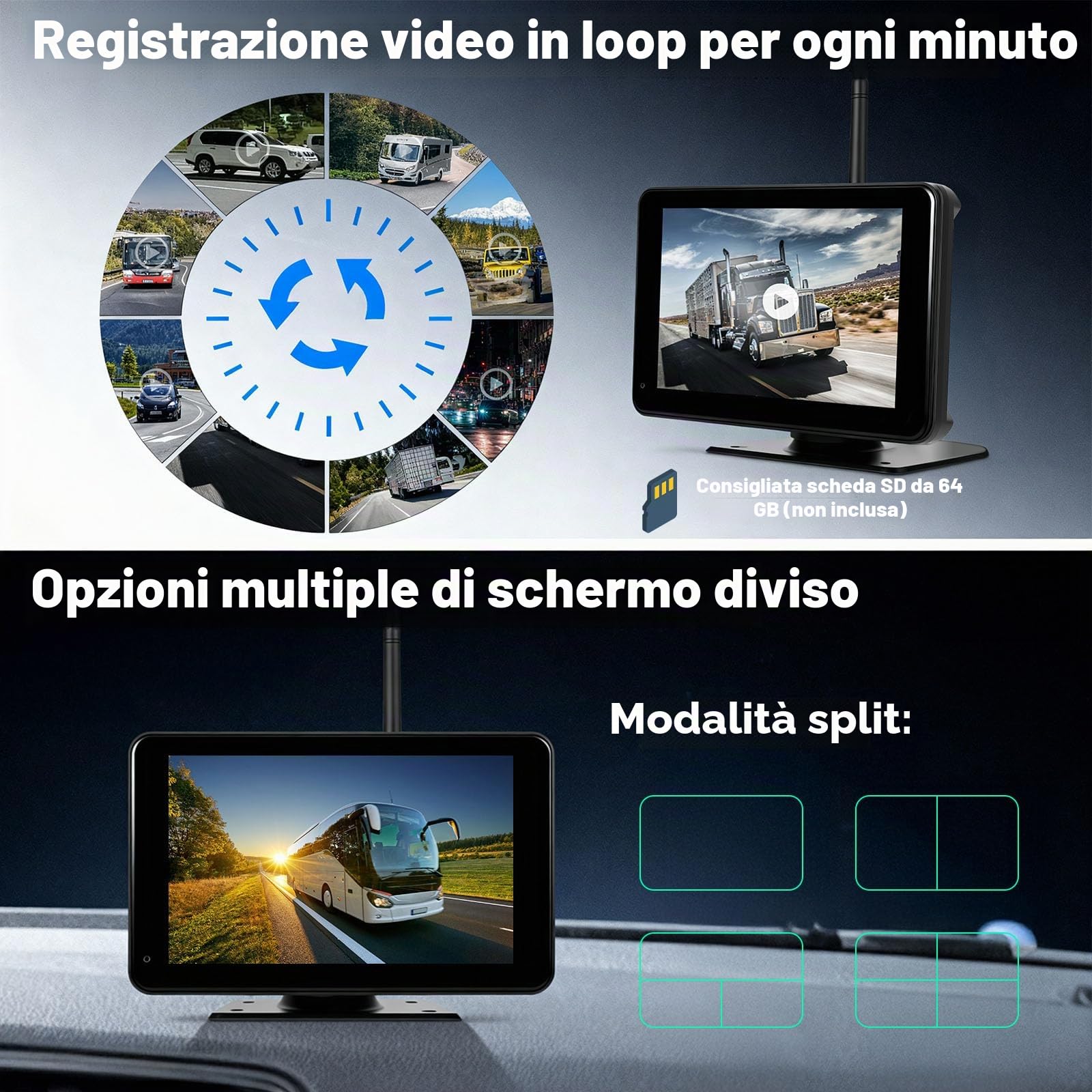 CAMECHO 7'' WIRELESS Telecamera Posteriore con monitor e IP68, Visione Notturna DVR Telecamera Posteriore per auto con Ingrandisci/riduci il filmato, Schermo diviso, BSD, Slot per scheda SD