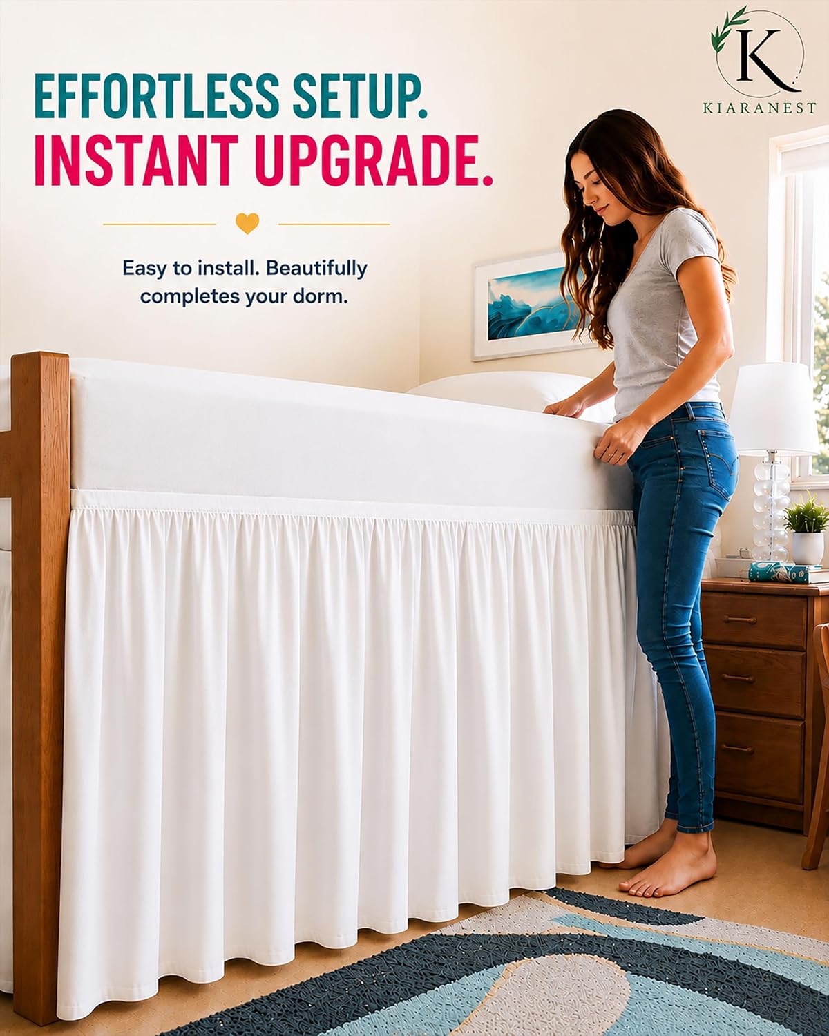 Dorm Bed Skirt Full XL 36 Inch Drop, Extra Long Bed Skirt for College Dorm Rooms, 100% Microfiber Dust Ruffle Bedskirt with Split Corners, White
