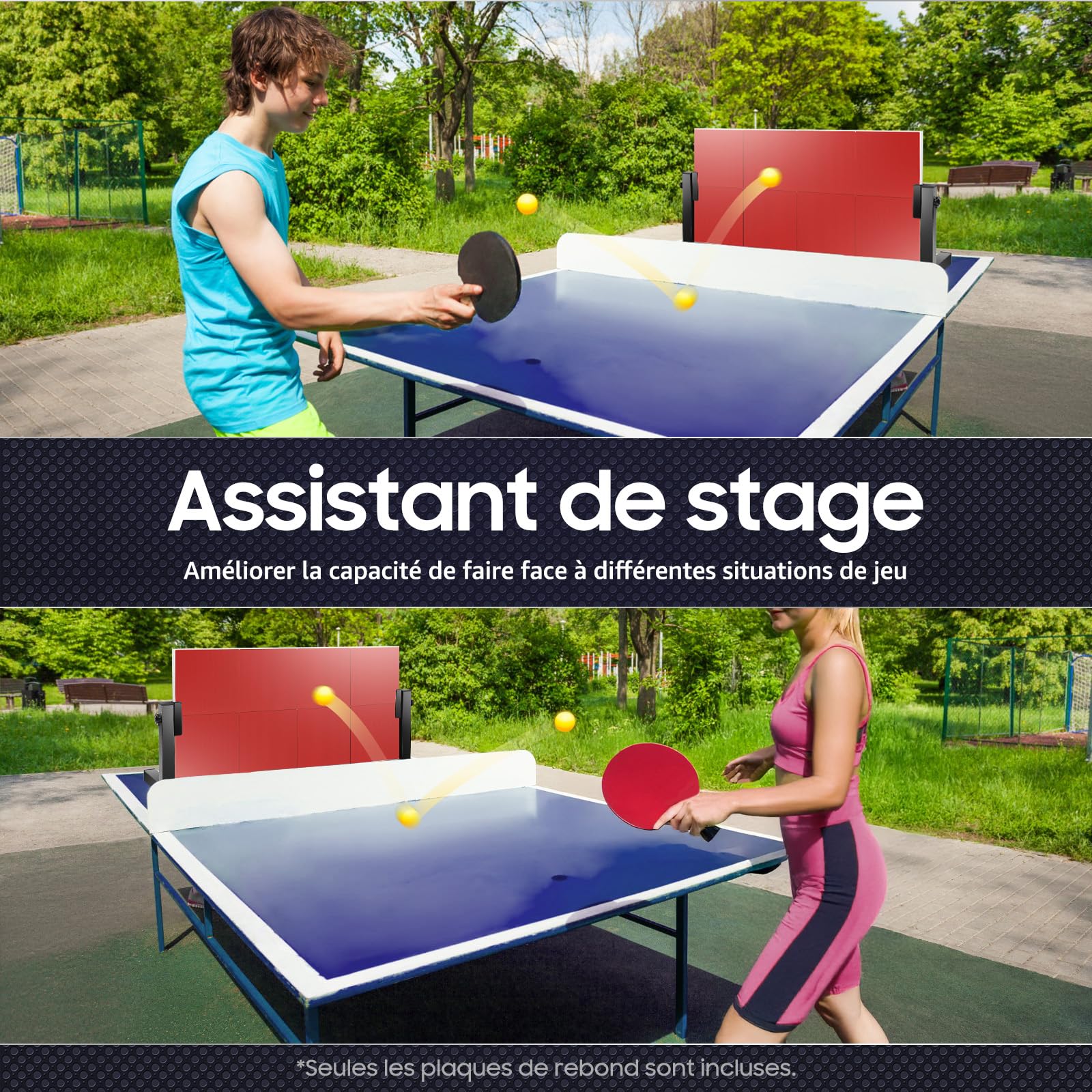Entraîneur de tennis de table, angle réglable à 360°, 8 blocs en caoutchouc, grande zone d'exercice, tennis de table, planche de rebond avec 7 couches de bois, planche de rebond en acier pour