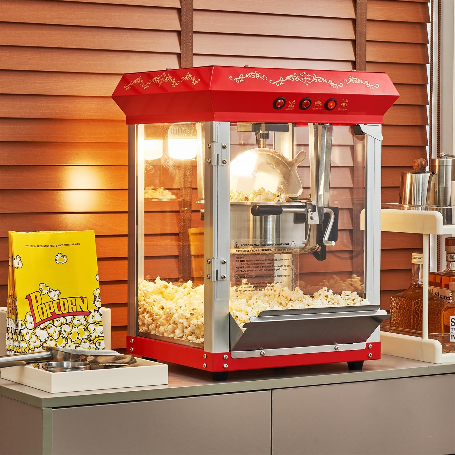 Popcorn Machine, 8 Oz Stainless-Steel Kettle Makes Up to 32 Cups - Vintage Movie Theater Style Pop Corn Maker Machine with 3-Switch Control, LED Warm Light, Scoop, Glove & Popcorn Bags