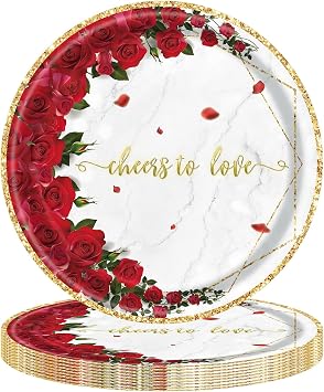 Valentines Day Rose Paper Plates Party Supplies Red Flower Love Disposable Plates Dessert Tableware for Valentines Wedding Engagements Anniversary Holiday Party Decorations Serves 24