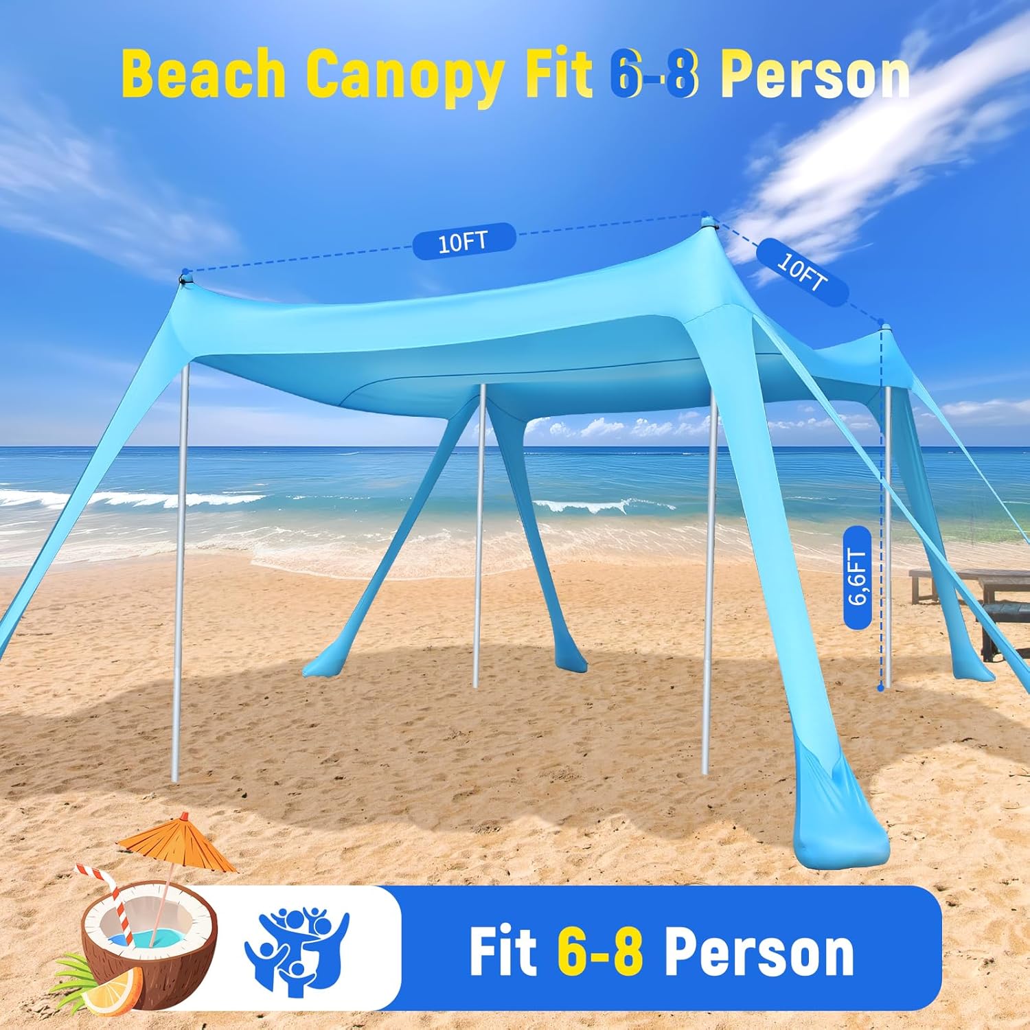 Beach Tent Sun Shelter - 10x10FT Beach Shade Canopy UPF50+ Protection Easy Setup, with 8 Sandbags, 4 Stability Poles, Sand Shovel, Ground Spikes, Outdoor Shade for Sand, Camping, Fishing