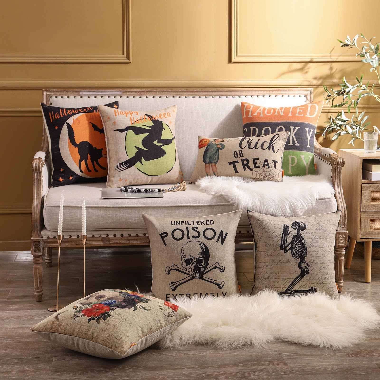 PANDICORN Halloween Throw Pillow Covers Set Of 2 - 18x18" Skull Raven Gothic Decor For Couch, Porch