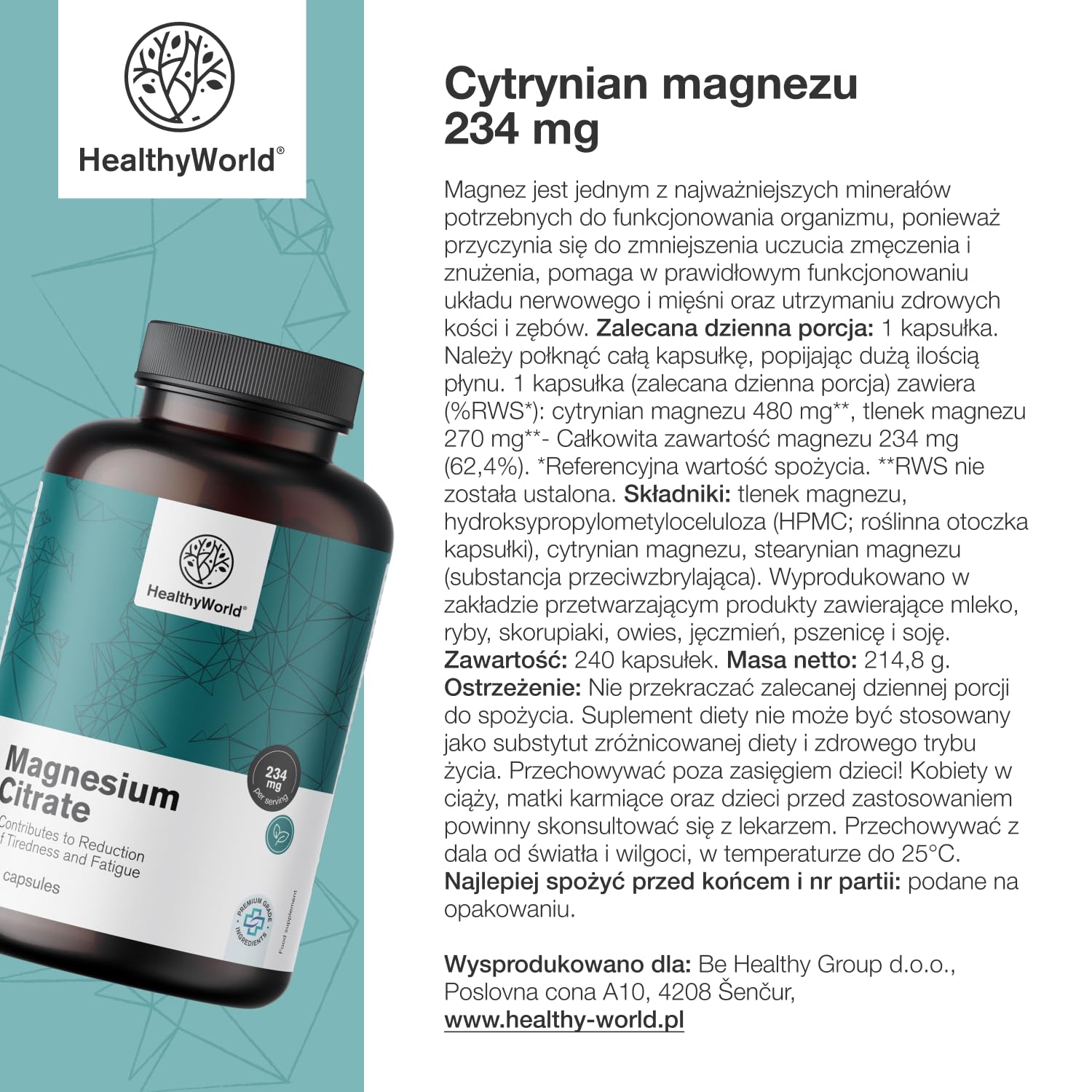 HealthyWorld Cytrynian magnezu 234 mg - 240 Kapsułek Roślinnych - Na ponad 7 Miesięcy - 480 mg Cytrynianu Magnezu i 270 mg Tlenku Magnezu - Na Wsparcie Mięśni i Wzrost Energii