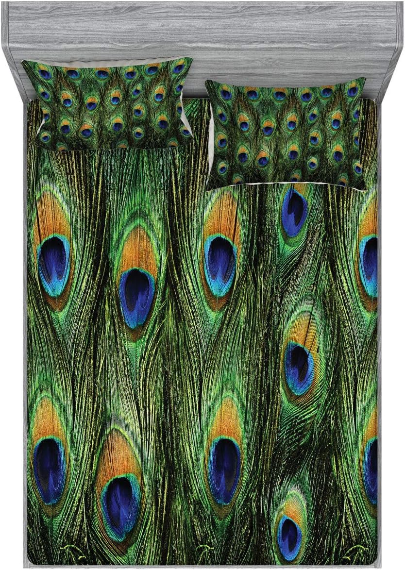 Ambesonne Peacock Fitted Sheet & Pillow Sham Set, Peacock Tail Feathers Tropical Exotic Animals Close-up Picture Artwork, Decorative Printed 3 Piece Bedding Decor Set, Queen, Green Mustard Navy