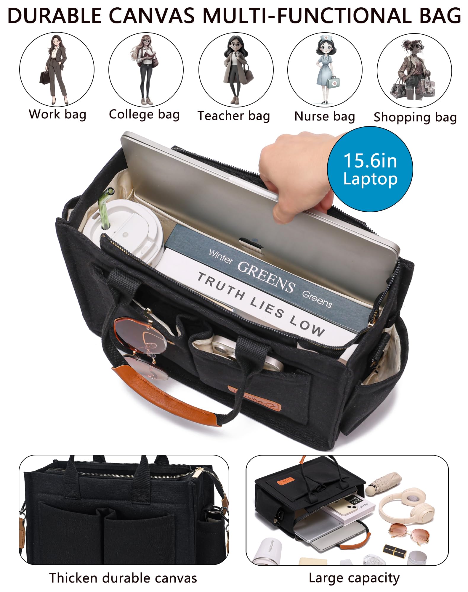 ZHMO Borsa a tracolla in tela con tasche, borsa a tracolla da donna, borsa per computer portatile, borsa a tracolla per scuola, fine settimana, drogheria
