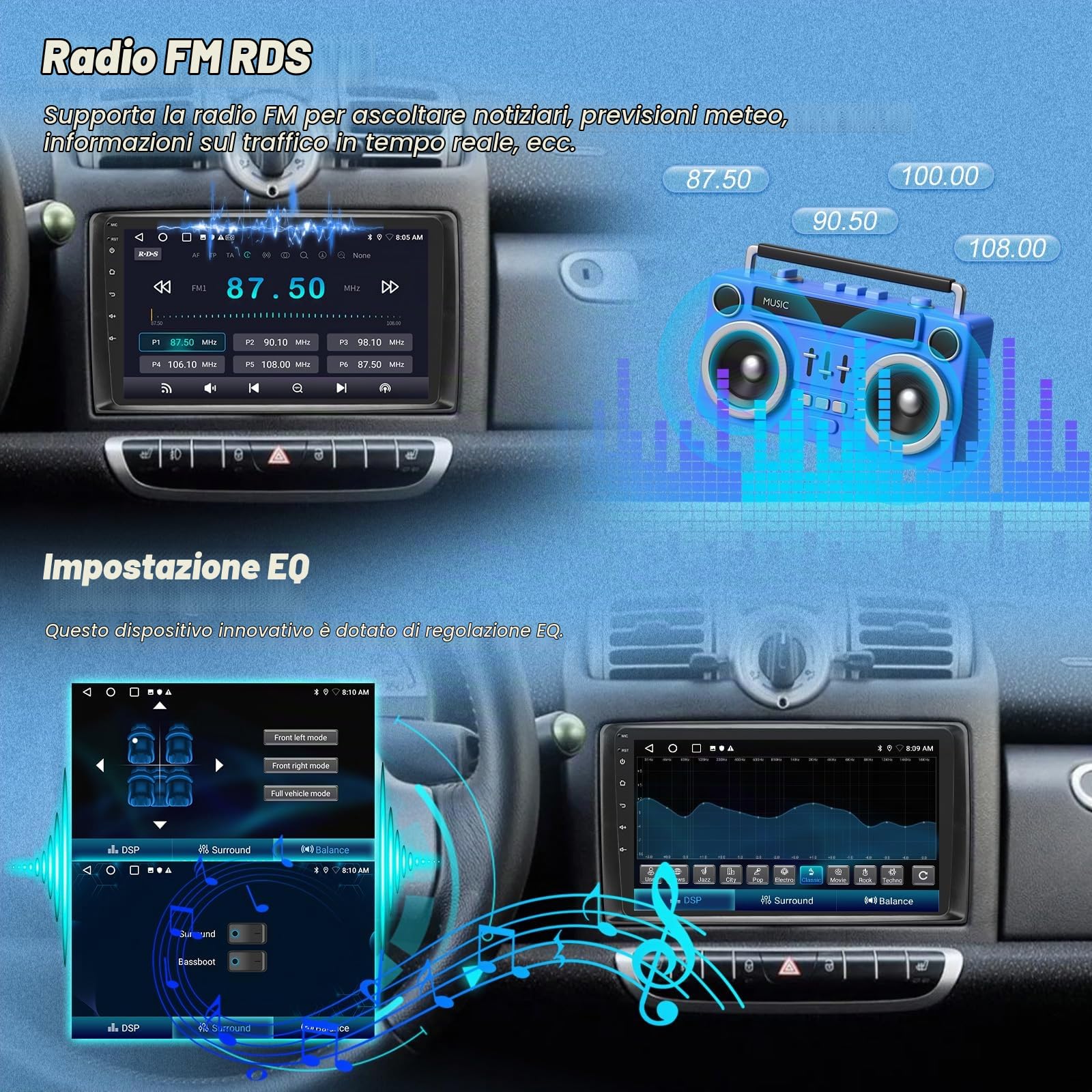 Autoradio per Mercedes Benz Smart Fortwo 2005-2010+Carplay e Android Auto | [2G+64G] Android Autoradio Touch Screen HD da 9 pollici con Senza Fili Carplay e Android Auto/ GPS/WiFi/Bluetooth/EQ/FM RDS