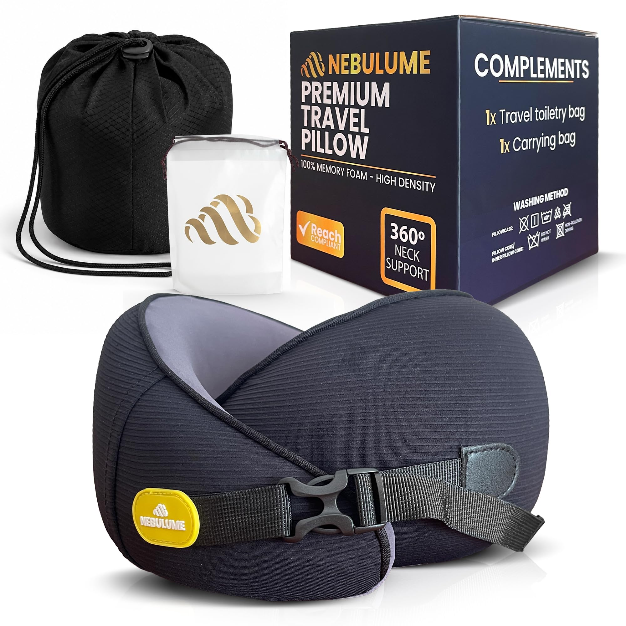 NEBULUME Almohada Viaje Premium - Almohada De Viaje para Cuello de Seda Helada y Soporte 360º - Cojin Avion Cuello con Hebilla Ajustable - Cojin Cervical con Funda Lavable Fácil - Travel Pillow