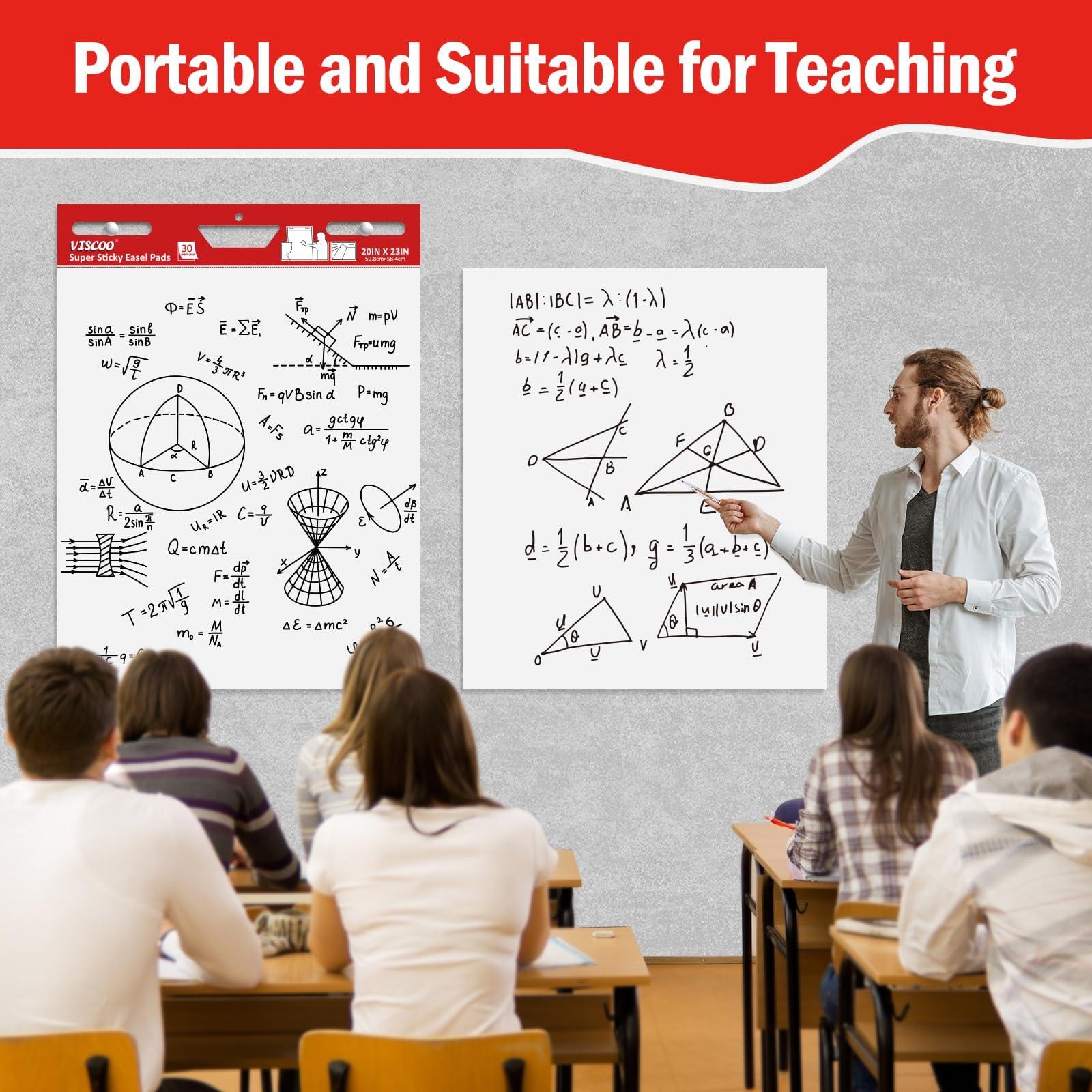 VISCOO Klebriges Staffelei-Block, 50,8 x 58,9 cm, großes Kartenpapier für Lehrer, 3 Blöcke, selbstklebendes Staffeleipapier für Whiteboard, weißes Haftanker-Diagrammpapier, mit Haftnotizen und Markern