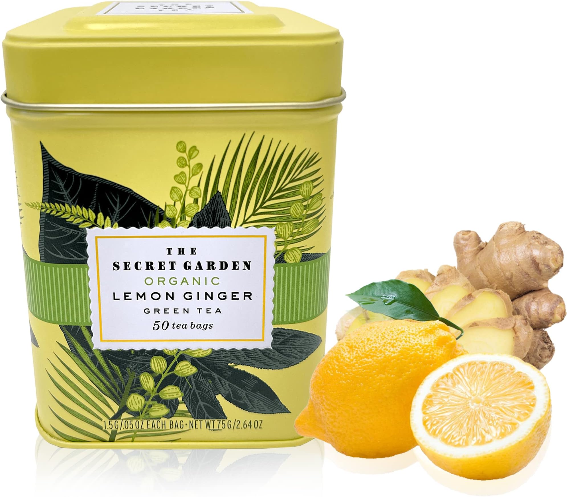 Organic Lemon Ginger Ceylon Green Tea - 50 Packets - Natural Antioxidant Rich Herbal Leaf Teabags - USDA Certified 100% Non-GMO - Caffeinated Premium Designer Tin