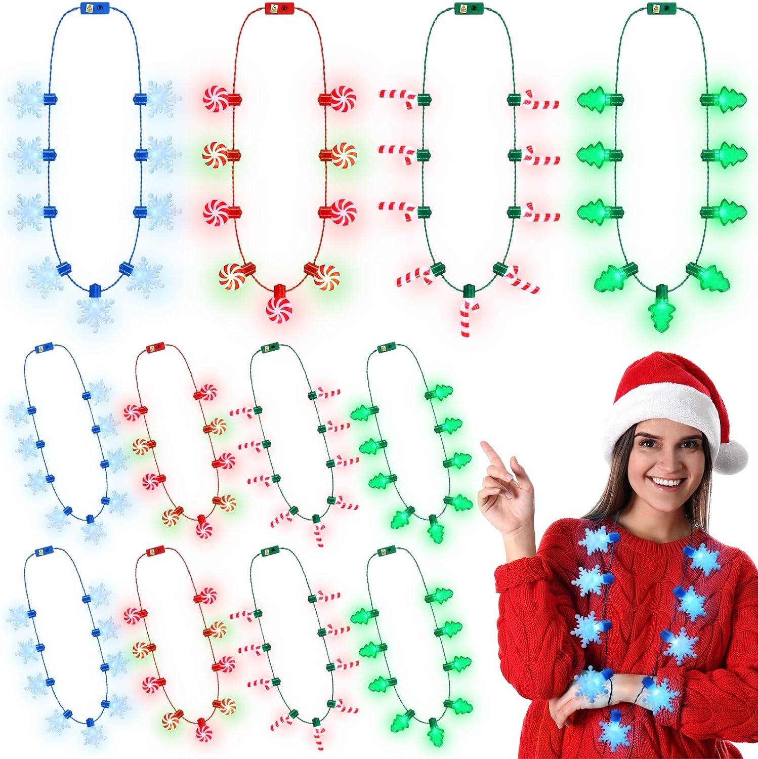 Remuuly 12 Pcs Christmas Light Necklaces 35 Inch LED Light-Up Candy Cane Necklace Christmas Party Favors Accessories with 3 Modes Mini Bulbs for Girls Holiday Gift for New Year Xmas Tree
