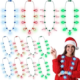 Remuuly 12 Pcs Christmas Light Necklaces 35 Inch LED Light-Up Candy Cane Necklace Christmas Party Favors Accessories with 3 Modes Mini Bulbs for Girls Holiday Gift for New Year Xmas Tree