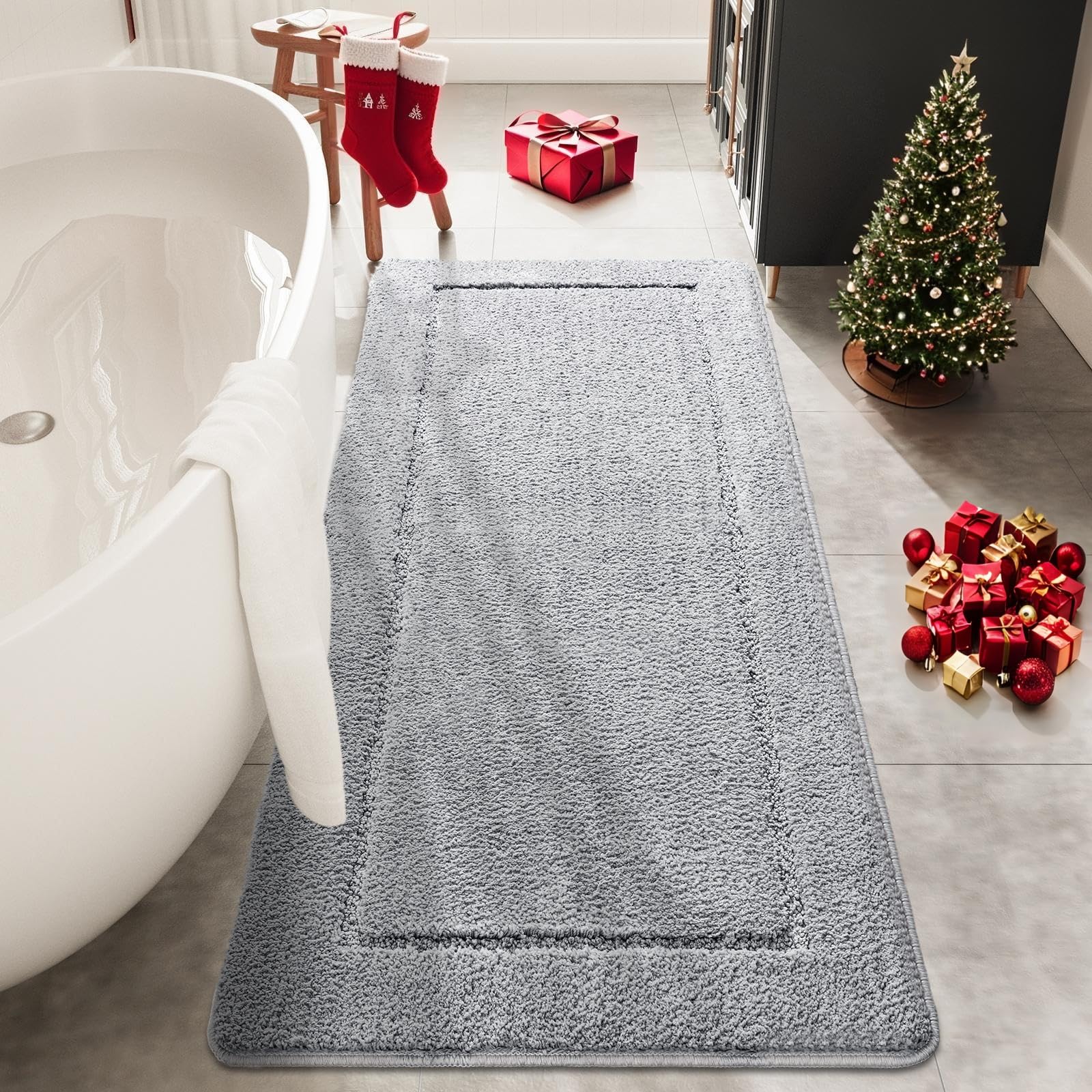 HOMORE Grey Bathroom Rugs,24x60 inch Non Slip Washable Bathroom Runner Rug, Soft Long Bath Rug, Absorbent Luminous Bath Mat for Shower Vanity