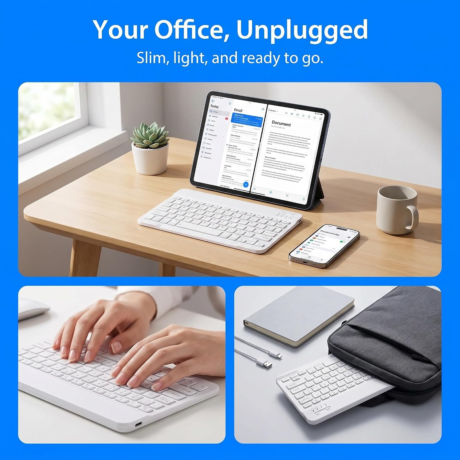 Wireless Keyboard for Android Tablet Smartphone, Slim Rechargeable Bluetooth Keyboard for iPad 11th 10th Generation, iPad Pro Air Mini, iPhone Samsung Galaxy