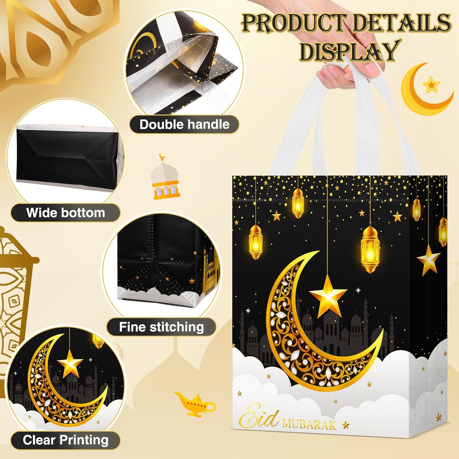 Locmeo 24 Pcs Eid Mubarak Reusable Gift Bags with Handles Non Woven Al Fitr Muslim Treat Bags Multifunctional Ramadan Mubarak Gift Bag for Party Supplies Gifts Wrapping (Black) - Image 4