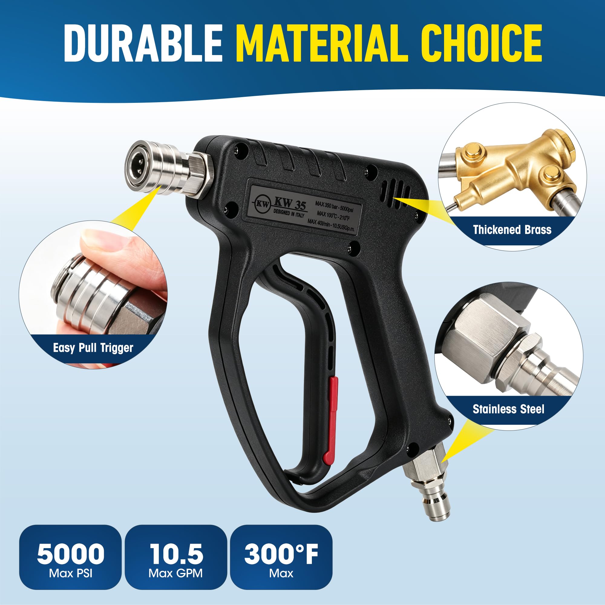 Pistola corta para lavadora a presión, 5000 PSI/10.5 GPM pistola de pulverización de alta potencia con giro rápido de 3/8 pulgadas y conexión M22-14 mm para cañón de espuma para lavado de autos