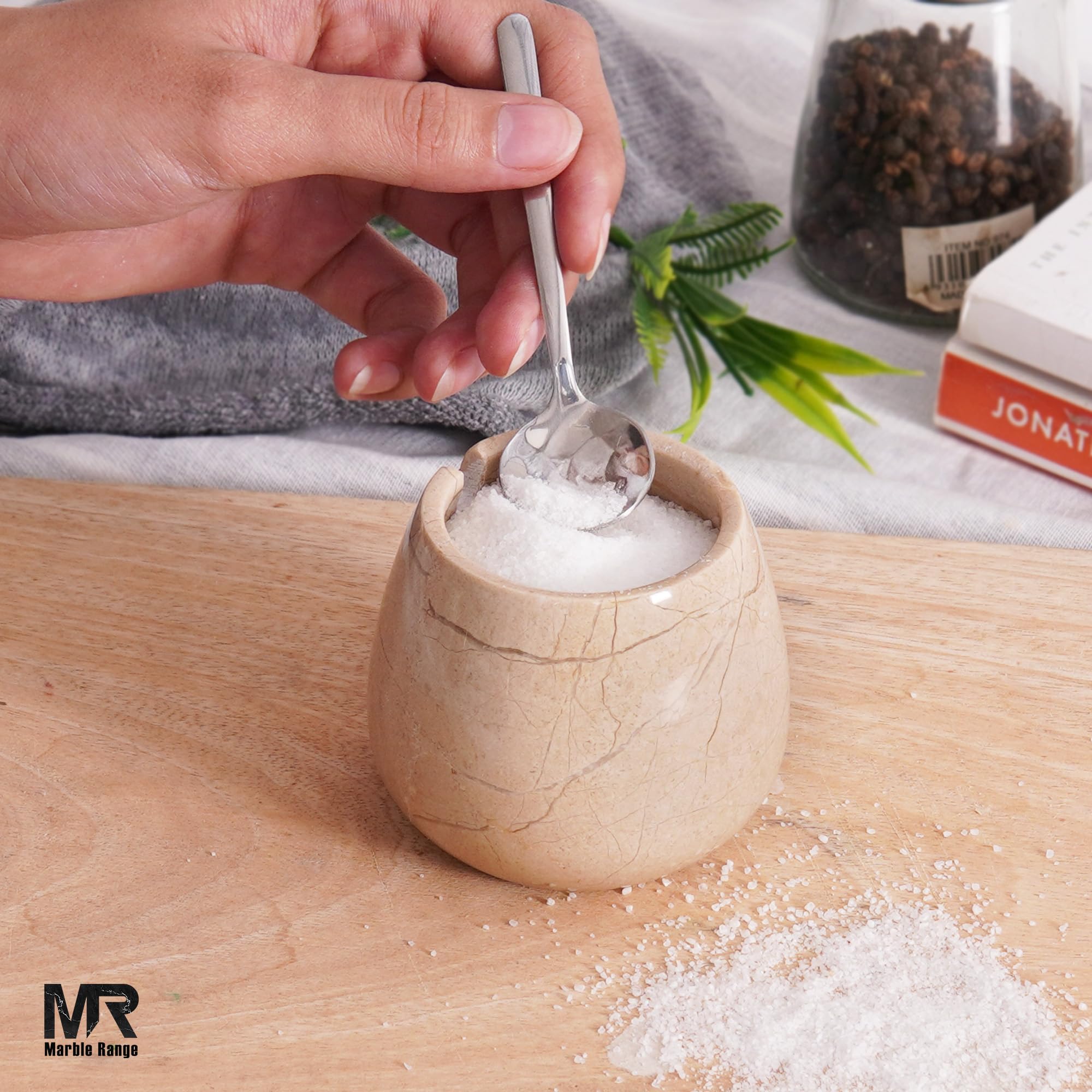 MARBLE RANGE Salina in marmo con coperchio Verona 8,4 cm contenitori per spezie fatti a mano, porta sale con coperchio e cucchiaio, contenitori per sale e pepe, cantina per sale per tavolo da cucina