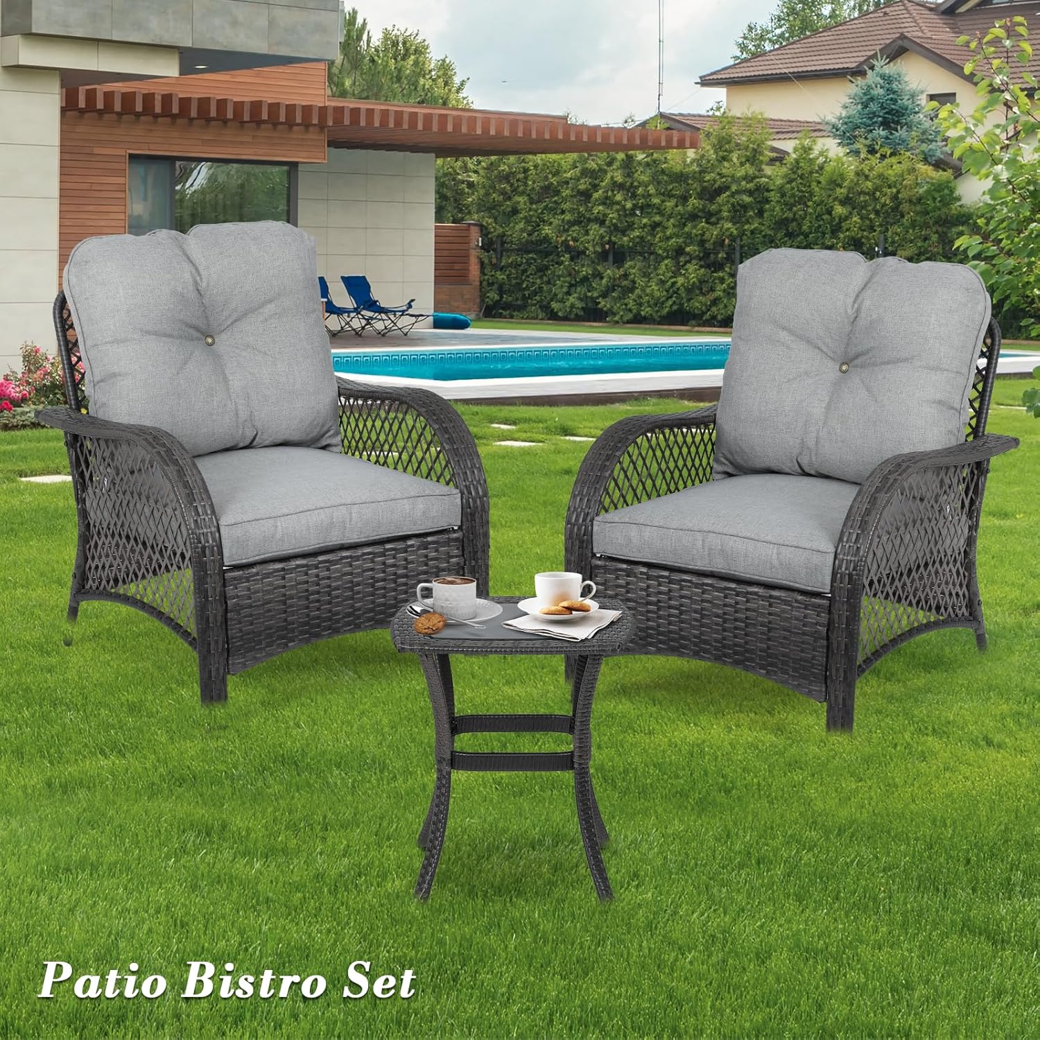 Athena Collection Patio Furniture Set of 3, All Weather Outdoor Sofa Conversation Set PE Rattan Chairs with Upholstered Seat and Backrest and Coffee Table Set for Bistro Garden Backyard, Gray