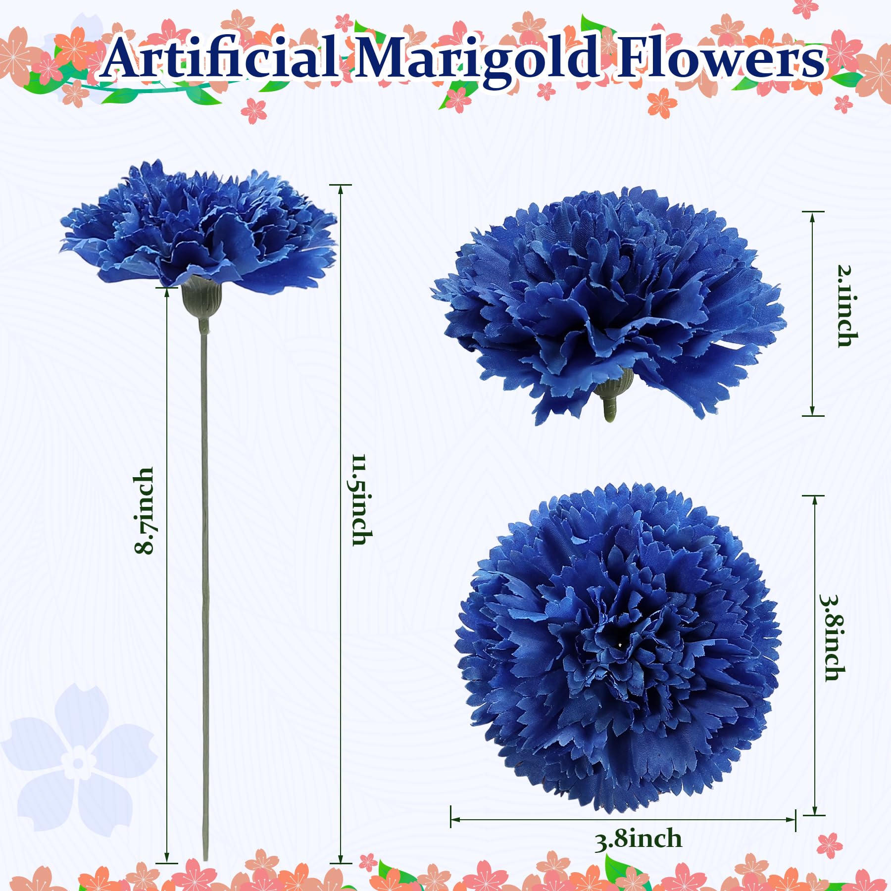 Condition photo showing New/Like New for 24pcs artificial silk carnation flower heads with stem,royal blue | 3.8” faux carnations flowers for wedding bouquets party decor diy crafts centerpiece arrangements
