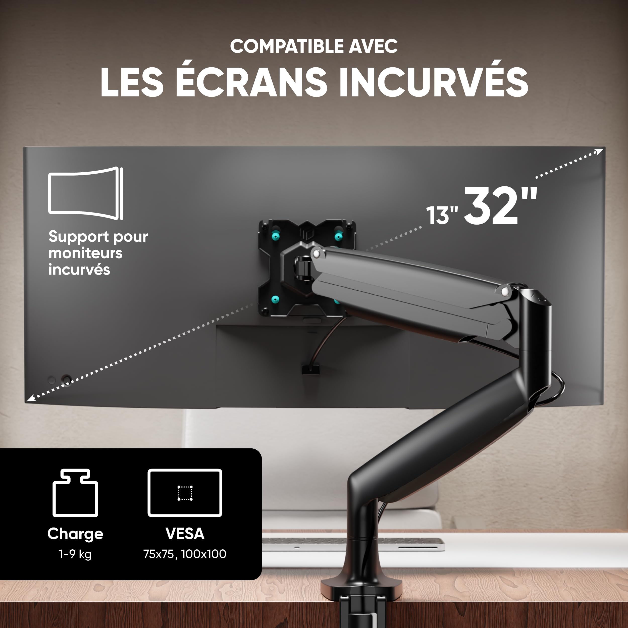 ONKRON Support Ecran PC pour 13-32 Pouces Charge 9 kg, Bras Articulé Écran VESA 75x75 & VESA 100x100, Support Écran Rotatif, Bras Ecran PC Bureau Ressort à Gaz, Monitor Arm Orientable Noir G100-B