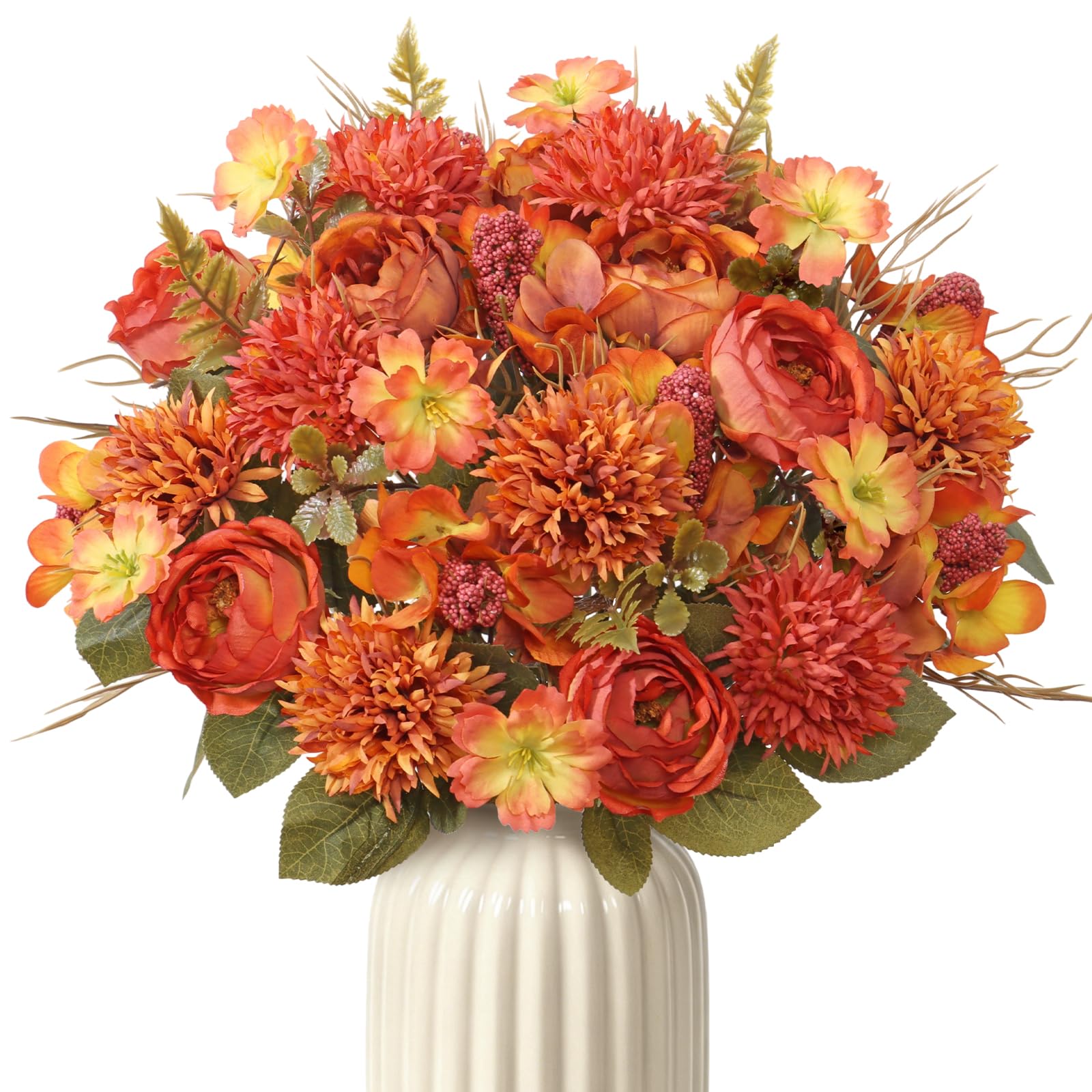 DEMIUKO 4PCS Orange Artificial Peony Flowers Fake Peonies Mixed Flowers Bouquet Faux Hydrangea Silk Flower Bouquet Pompon Mum Chrysanthemum Floral Arrangement for Home Fall Wedding Arch Party Decor — image 1