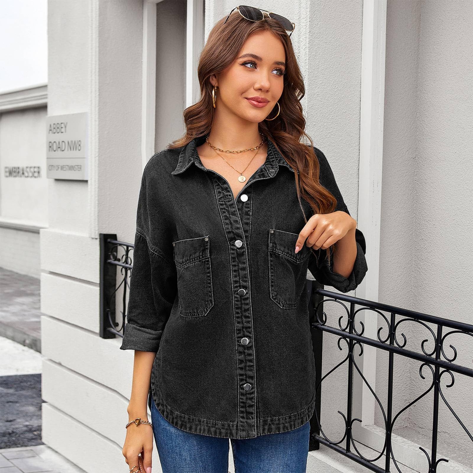 Genérico Cazadora Vaquera Mujer Larga,Chaqueta Vaquera Reversible Con Cuello Con Muescas Y Abrigo De Mezclilla SintéTica Para Mujer