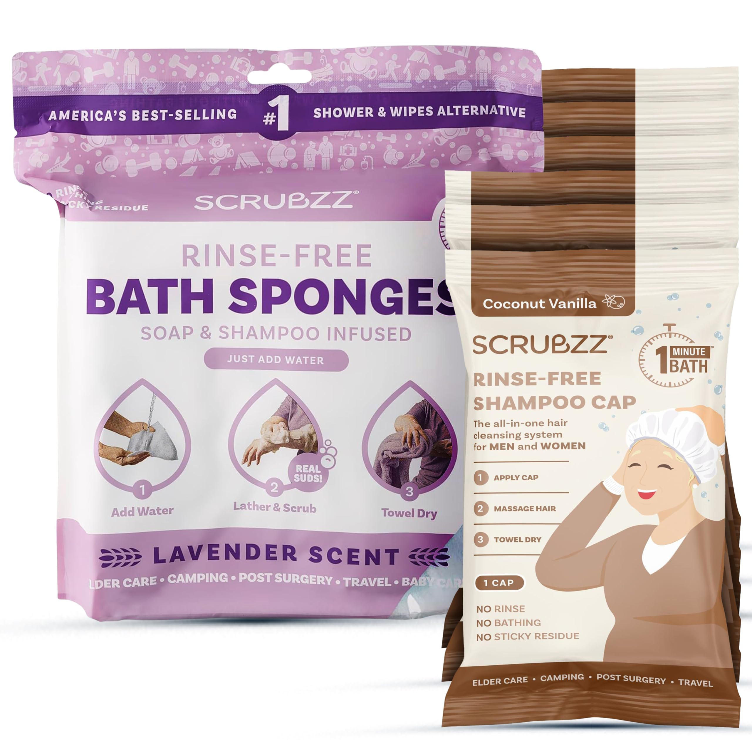 Scrubzz Lavender Scented Rinse Free Bathing Sponges and Coconut Vanilla Scented Shampoo Caps Bundle for Eldery Bedridden and Post Surgery Patients