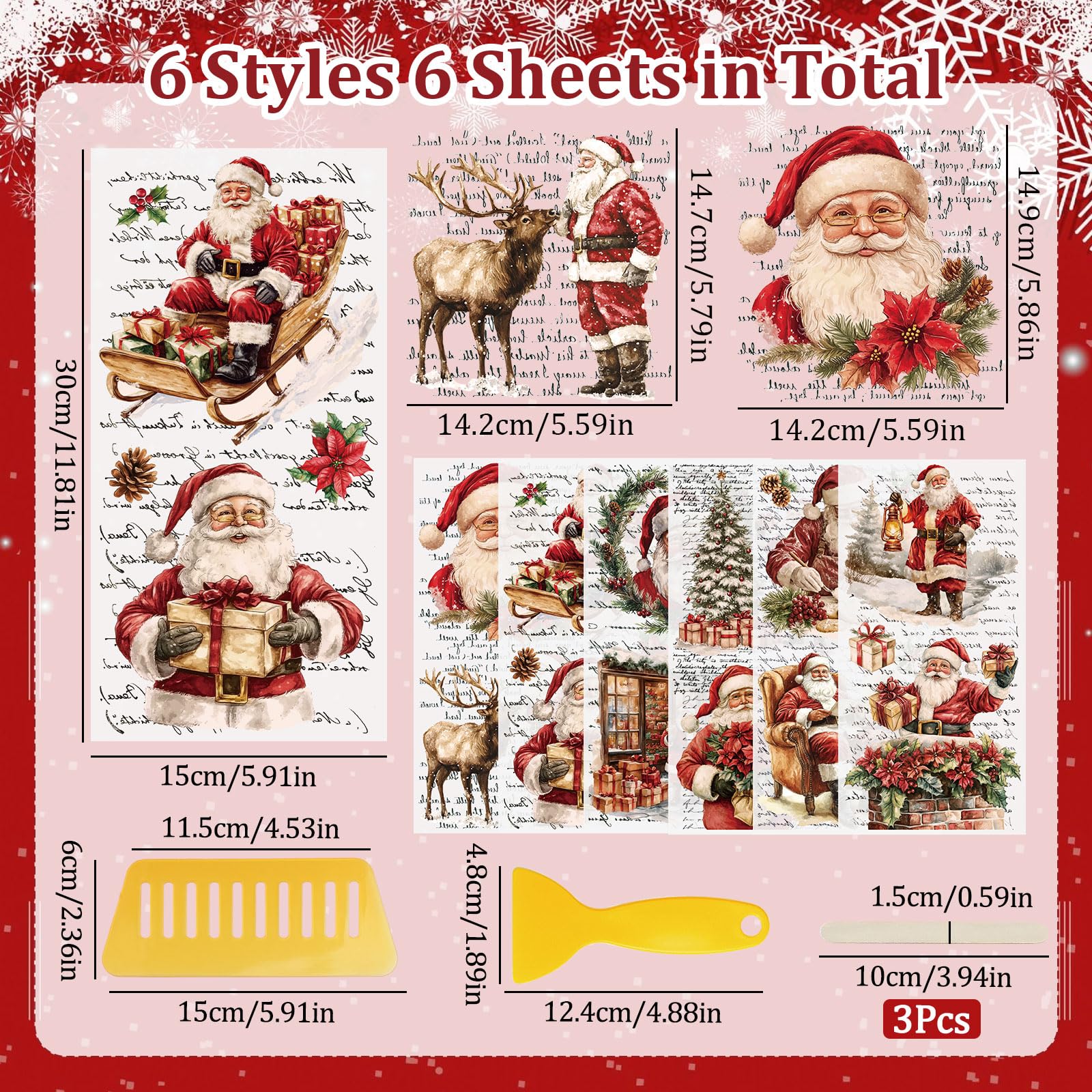 Lot De 3 Feuilles D'Autocollants Rétro De Noël - Couronnes, Bonhommes De Neige - Décalcomanies UV 15x30 Cm - Pour Déco Meubles, Vitres