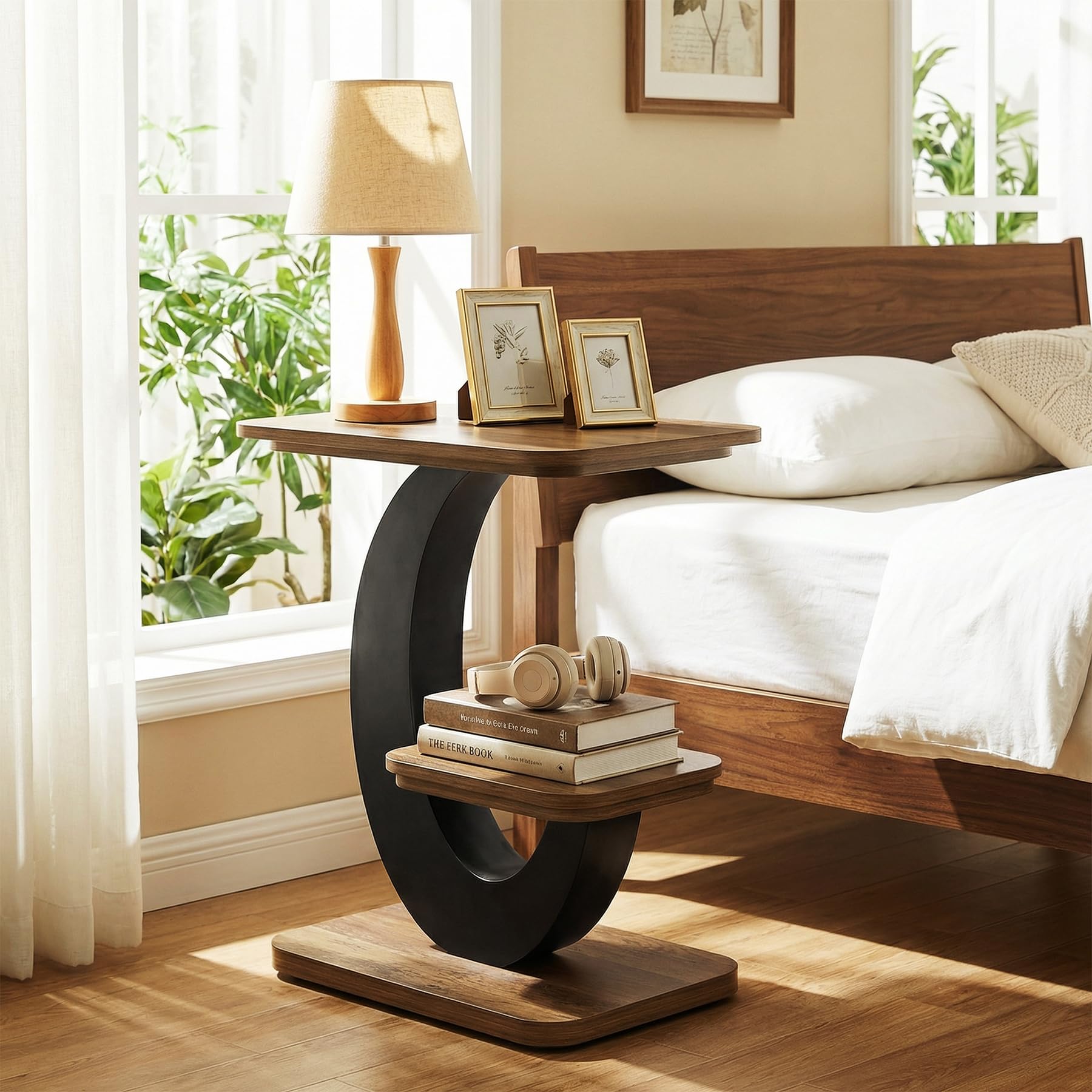 Tribesigns Tavolo Lateral a 2 lilvelli per Soggiorno, Tavolino da Divano Salotto in Industriale con Telaio Metallico a Forma di Arco per Piccoli Spazi, Camera da Letto